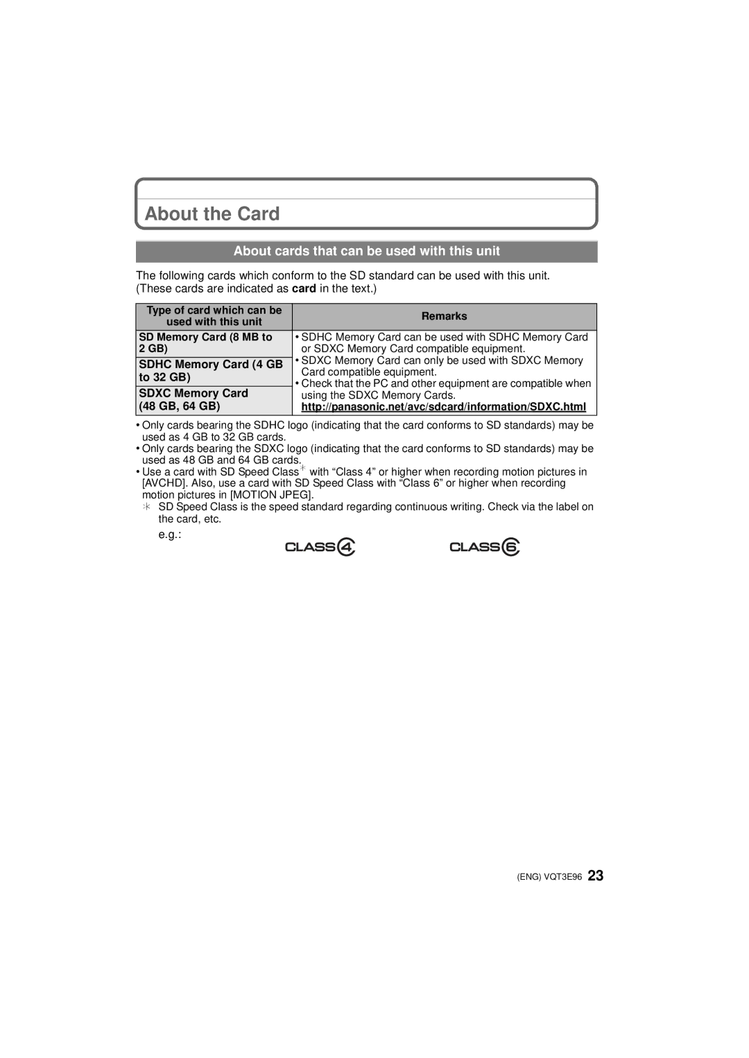 Panasonic DMCGF2CK, DMC-GF2KR, DMCGF2CS About the Card, Sdhc Memory Card 4 GB, To 32 GB, Sdxc Memory Card, 48 GB, 64 GB 