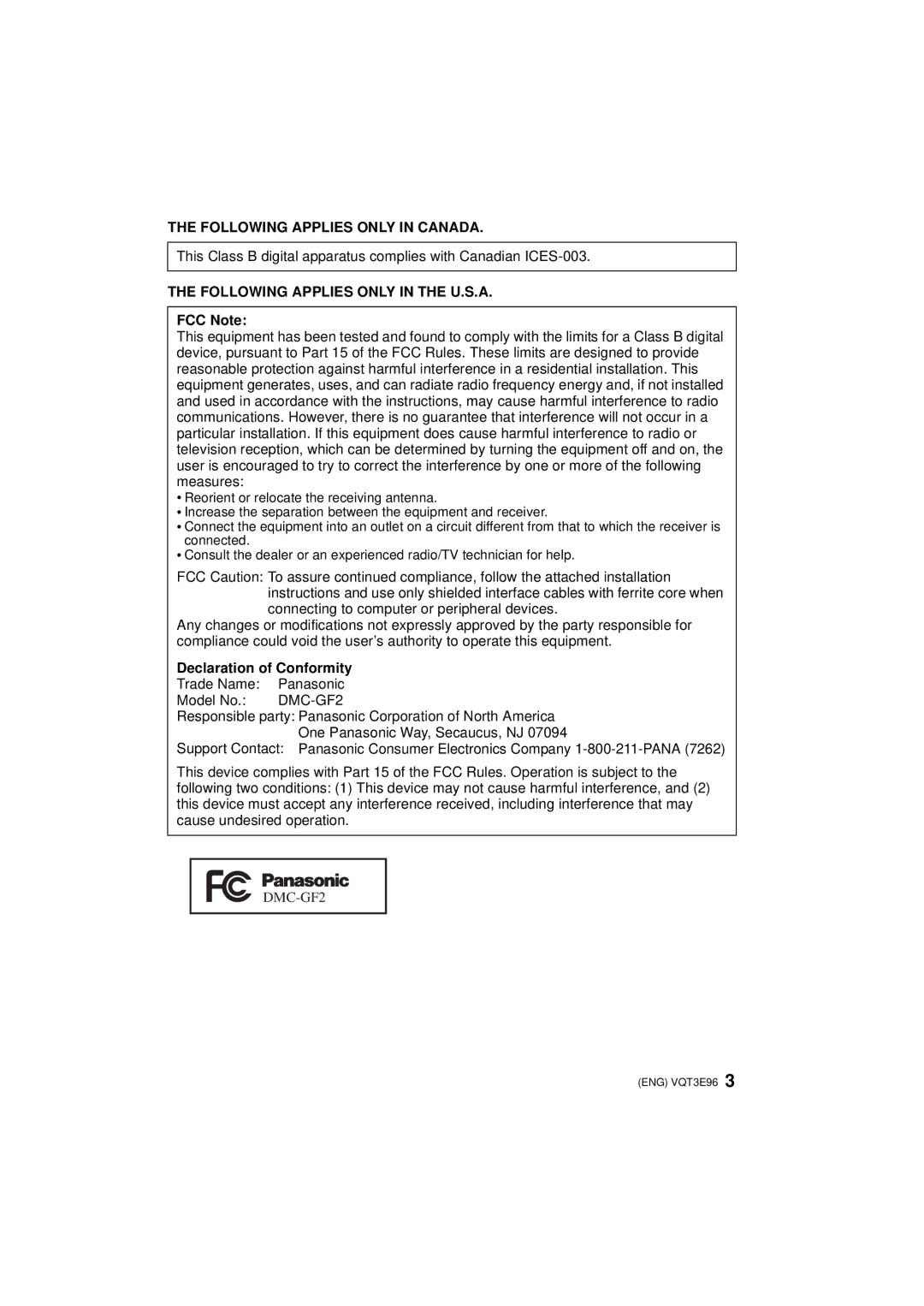 Panasonic DMCGF2CK, DMC-GF2KR, DMCGF2CS, DMCGF2KK, DMCGF2CR operating instructions FCC Note, Declaration of Conformity 