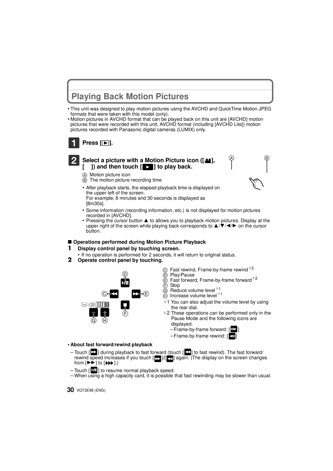 Panasonic DMC-GF2KR Playing Back Motion Pictures, Operate control panel by touching, About fast forward/rewind playback 