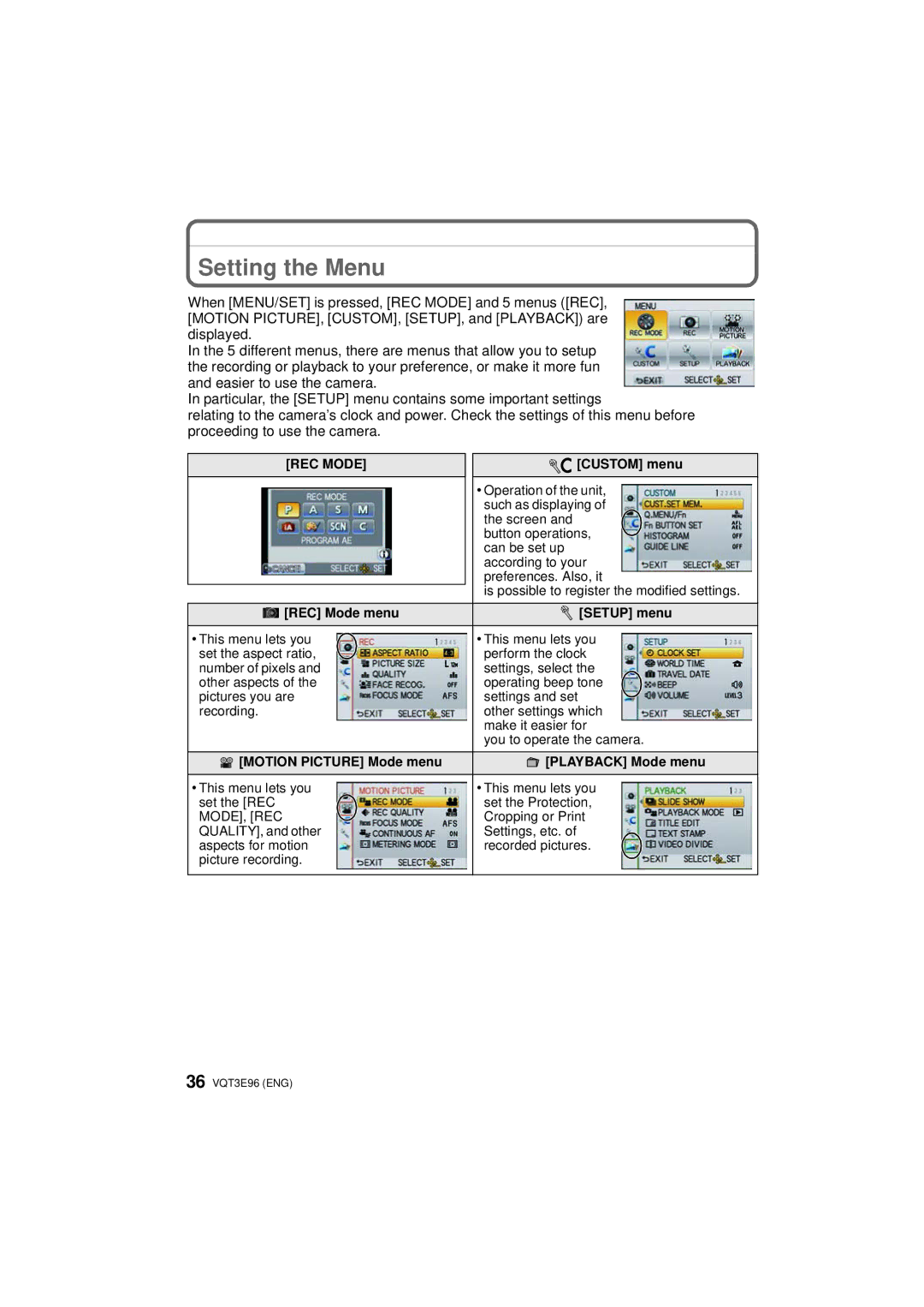 Panasonic DMCGF2CS, DMC-GF2KR, DMCGF2KK Setting the Menu, Custom menu, REC Mode menu Setup menu, Motion Picture Mode menu 