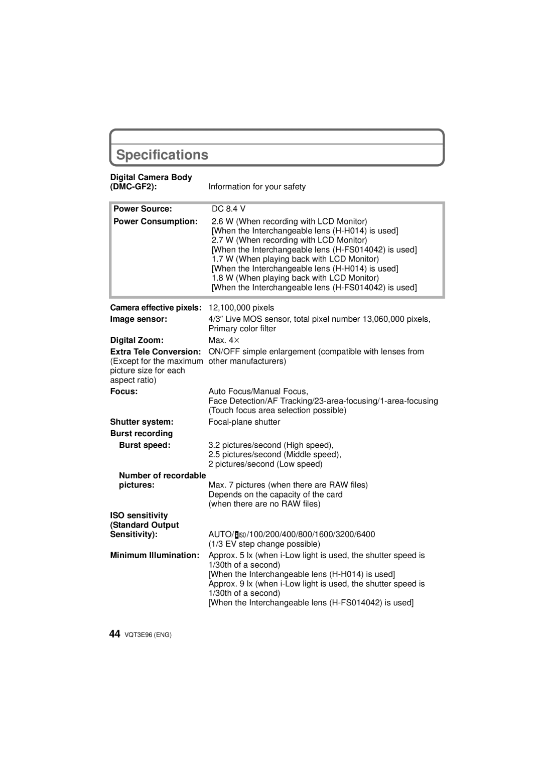 Panasonic DMCGF2CR, DMC-GF2KR, DMCGF2CS, DMCGF2KK, DMCGF2CK operating instructions Specifications 