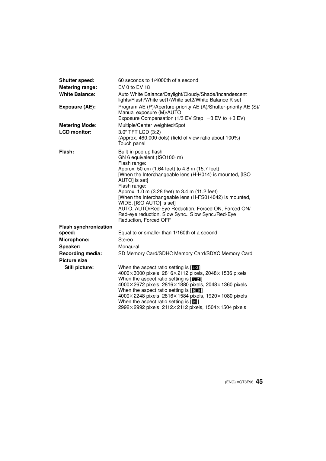 Panasonic DMC-GF2KR Shutter speed, Metering range, White Balance, Exposure AE, Metering Mode, LCD monitor, Flash, Speaker 