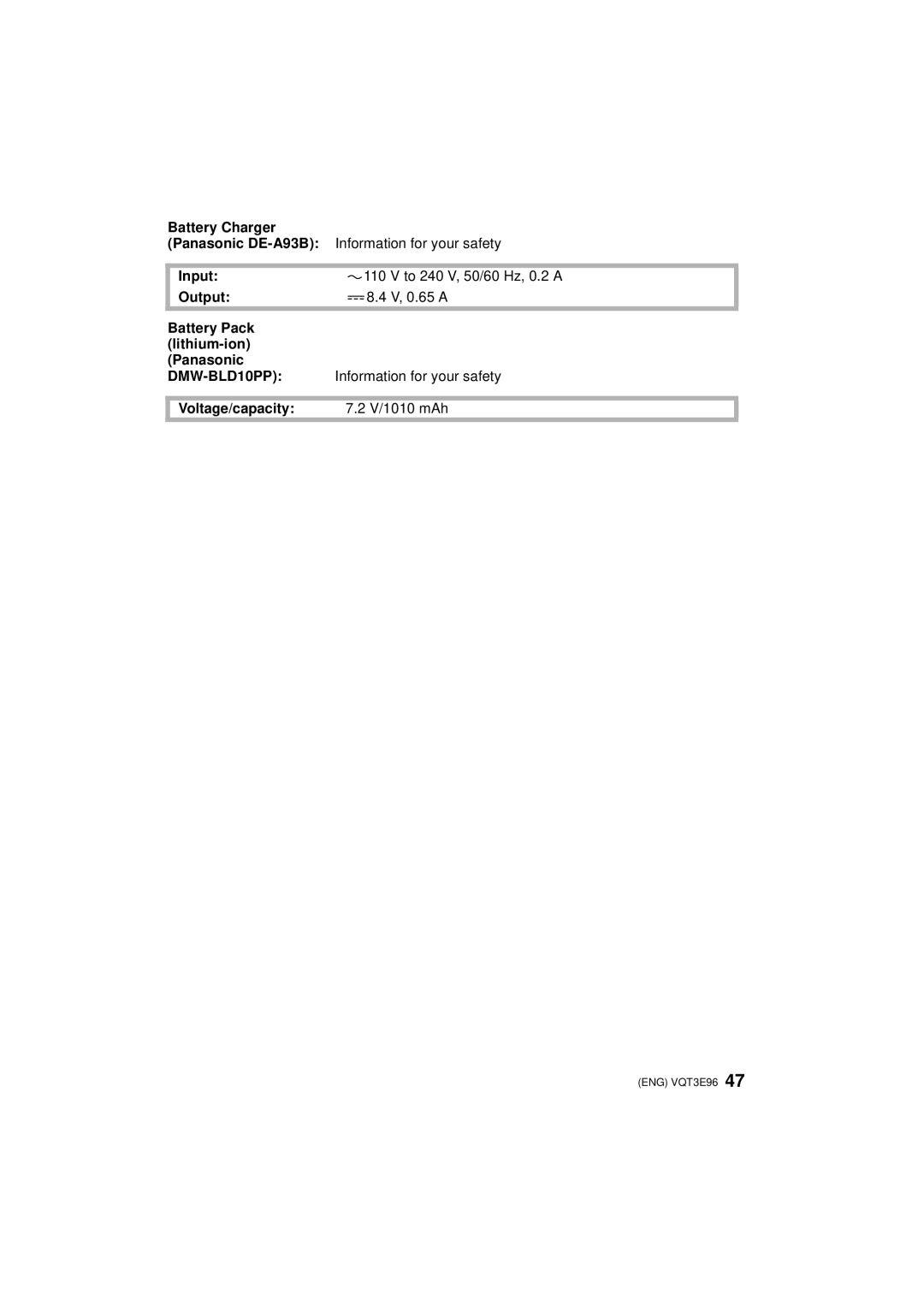 Panasonic DMCGF2KK Panasonic DE-A93BInformation for your safety, Input To 240 V, 50/60 Hz, 0.2 a Output, V, 0.65 a 