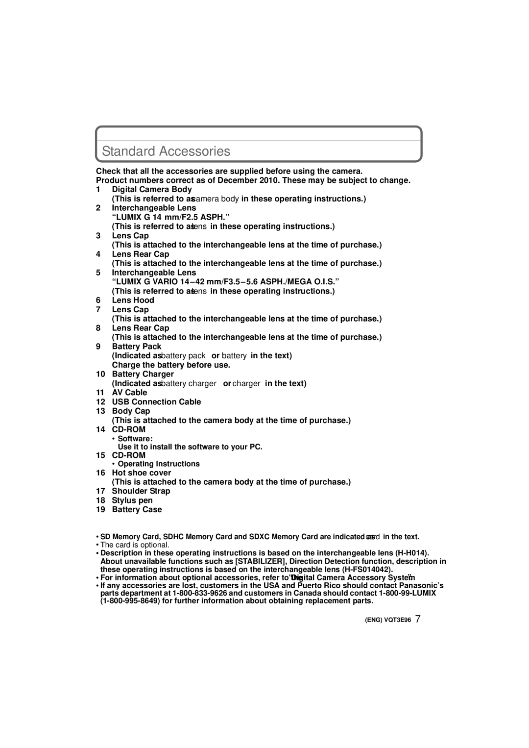 Panasonic DMCGF2KK, DMC-GF2KR, DMCGF2CS, DMCGF2CK, DMCGF2CR operating instructions Standard Accessories, Card is optional 