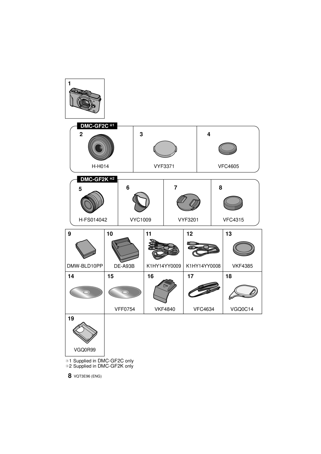 Panasonic DMCGF2CK, DMC-GF2KR H014 VYF3371 VFC4605, FS014042 VYC1009 VYF3201 VFC4315, DE-A93B K1HY14YY0009, VKF4385 