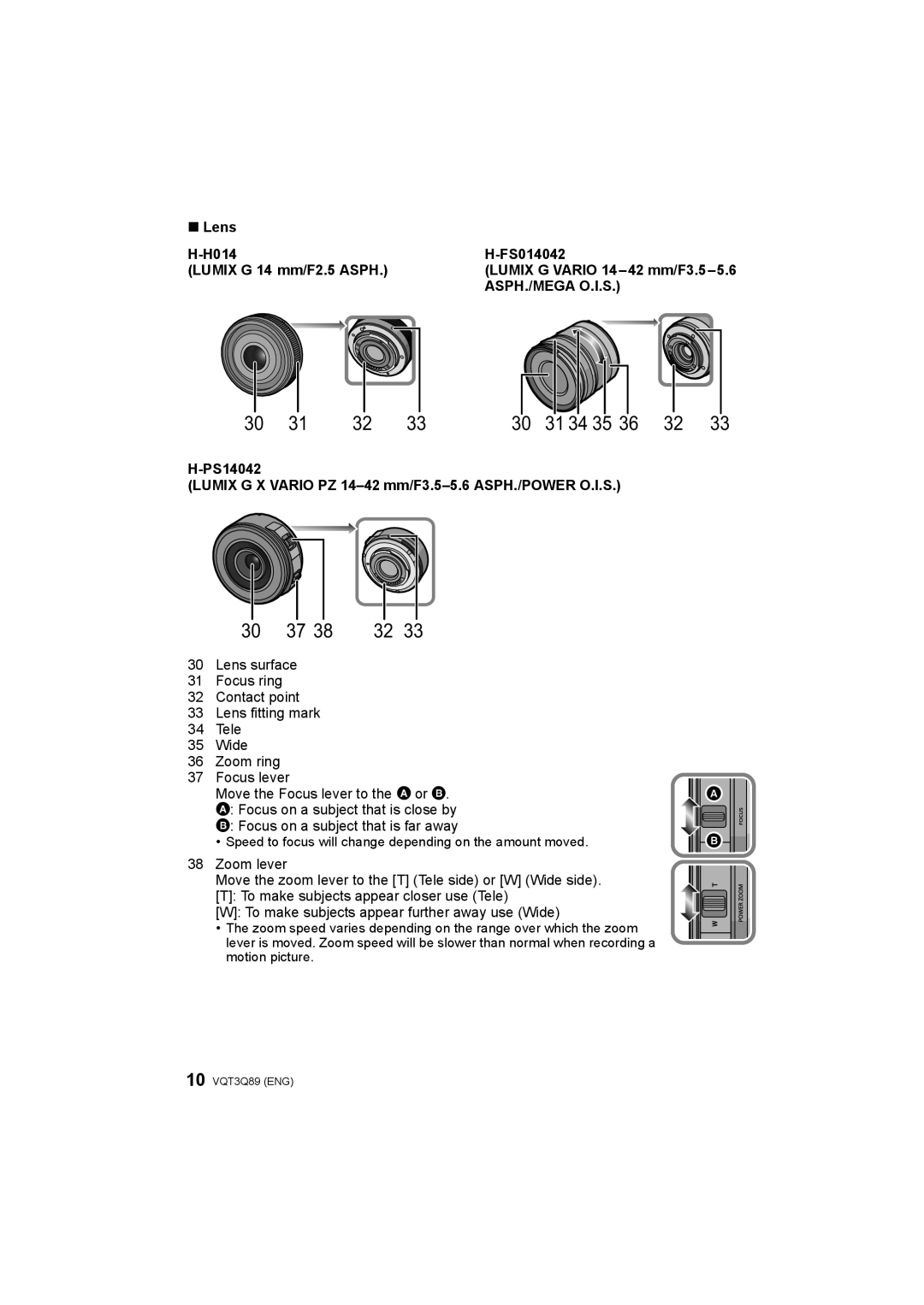 Panasonic DMC-GF3W, DMC-GF3X, DMC-GF3C, DMC-GF3K 31 34 35, Lens H014 FS014042 Lumix G 14 mm/F2.5 Asph 