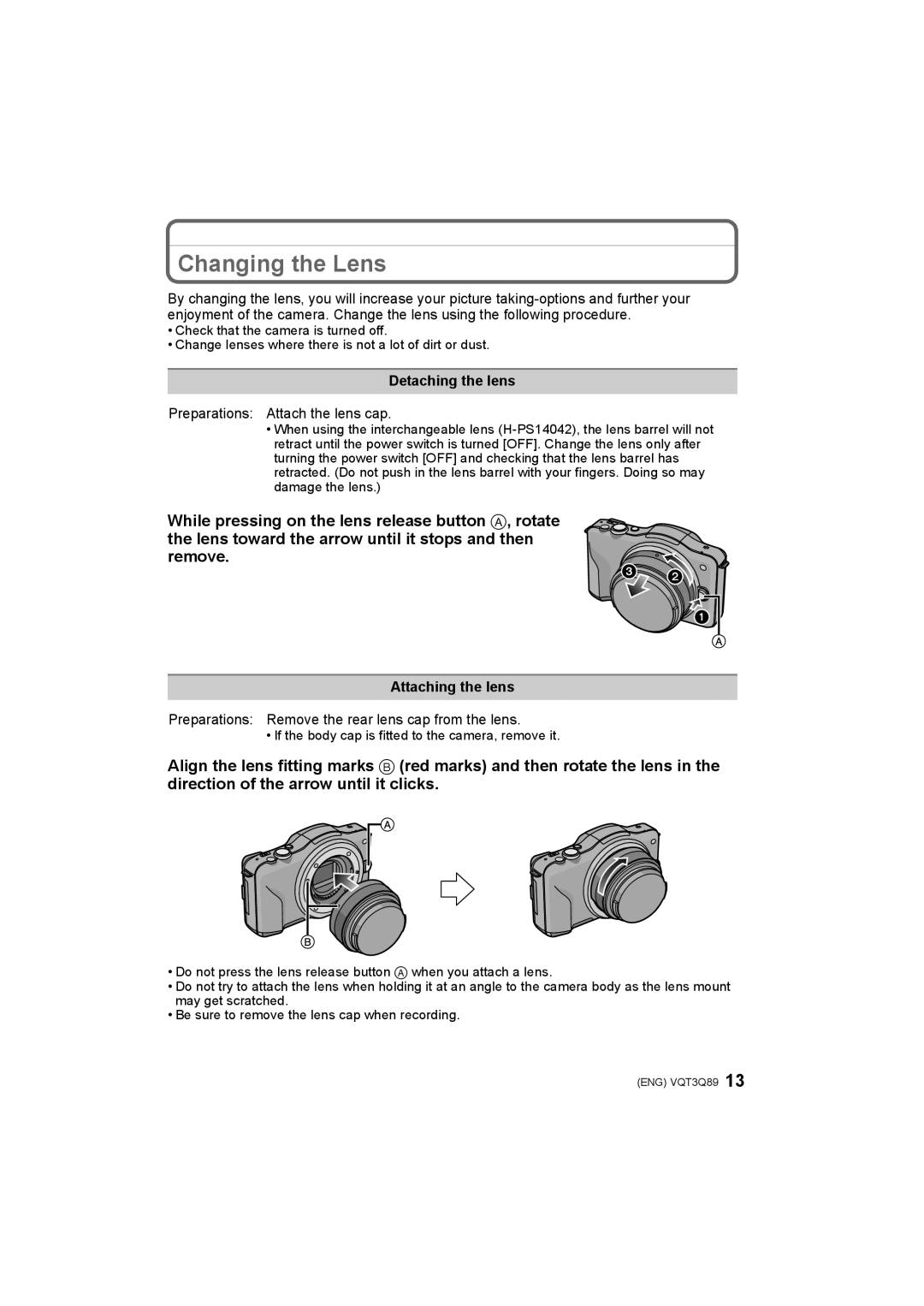 Panasonic DMC-GF3C, DMC-GF3W Changing the Lens, Detaching the lens, Preparations Attach the lens cap, Attaching the lens 