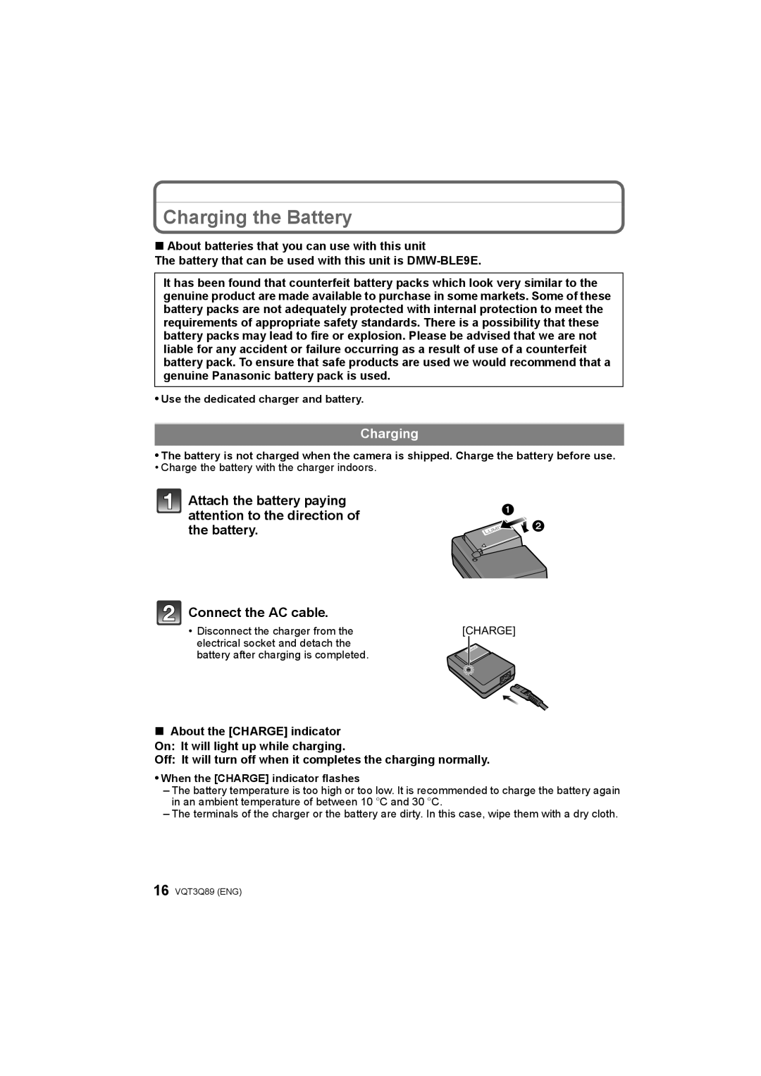 Panasonic DMC-GF3W, DMC-GF3X, DMC-GF3C, DMC-GF3K operating instructions Charging the Battery 