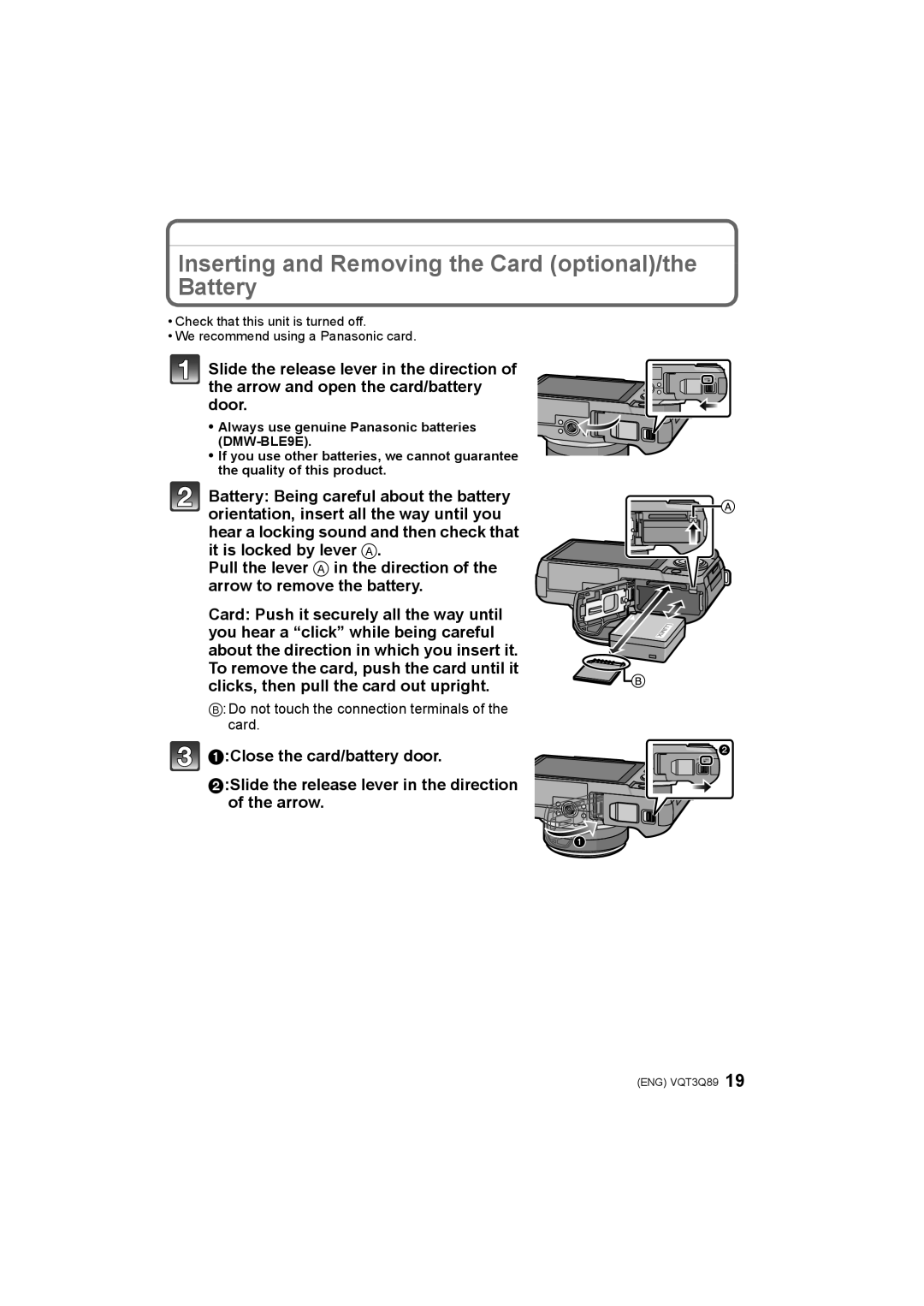 Panasonic DMC-GF3K Inserting and Removing the Card optional/the Battery, Do not touch the connection terminals of the card 