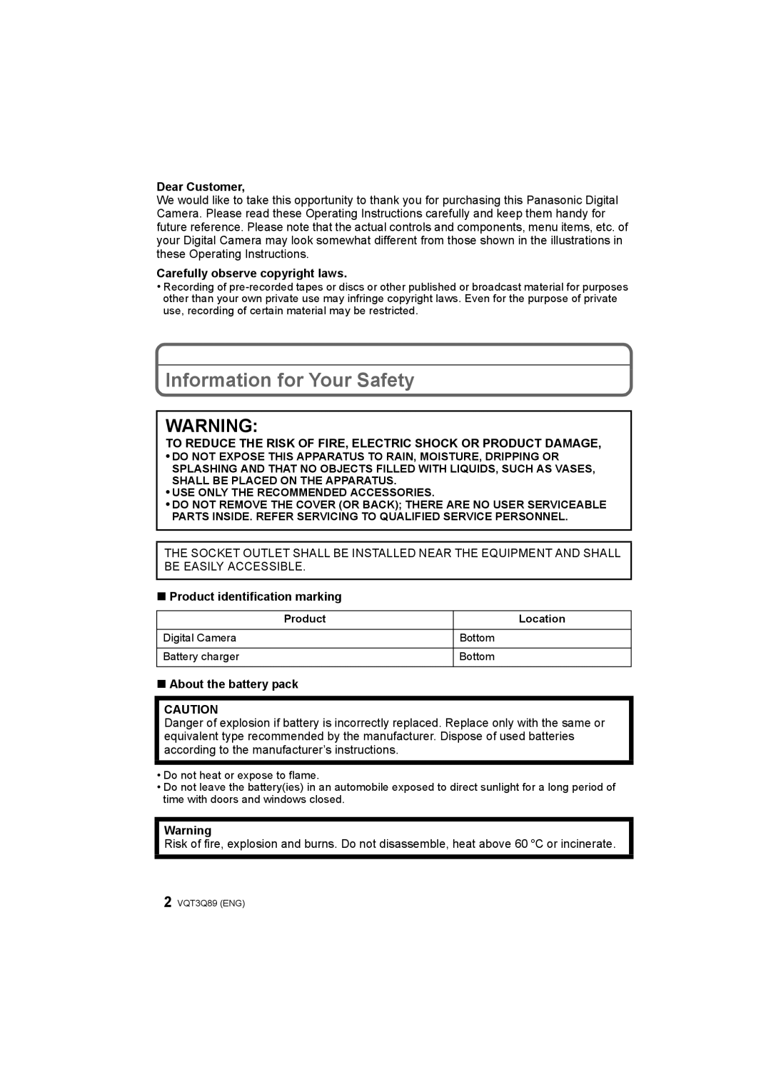 Panasonic DMC-GF3X Information for Your Safety, Dear Customer, Carefully observe copyright laws, About the battery pack 