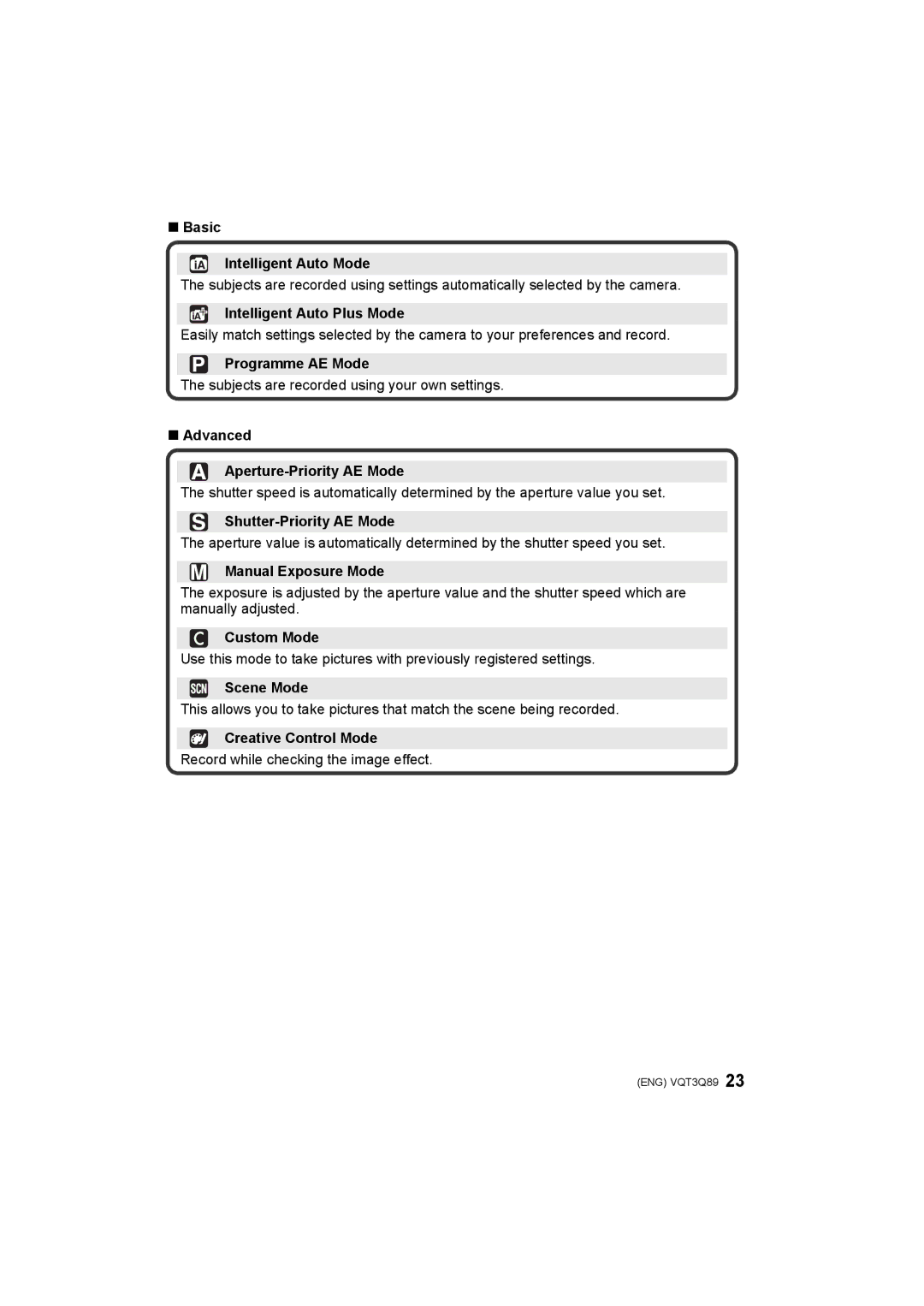 Panasonic DMC-GF3C Basic Intelligent Auto Mode, Intelligent Auto Plus Mode, Programme AE Mode, Shutter-Priority AE Mode 