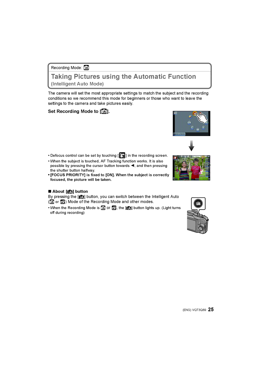 Panasonic DMC-GF3 Taking Pictures using the Automatic Function, Set Recording Mode to, Recording Mode ñ, About button 