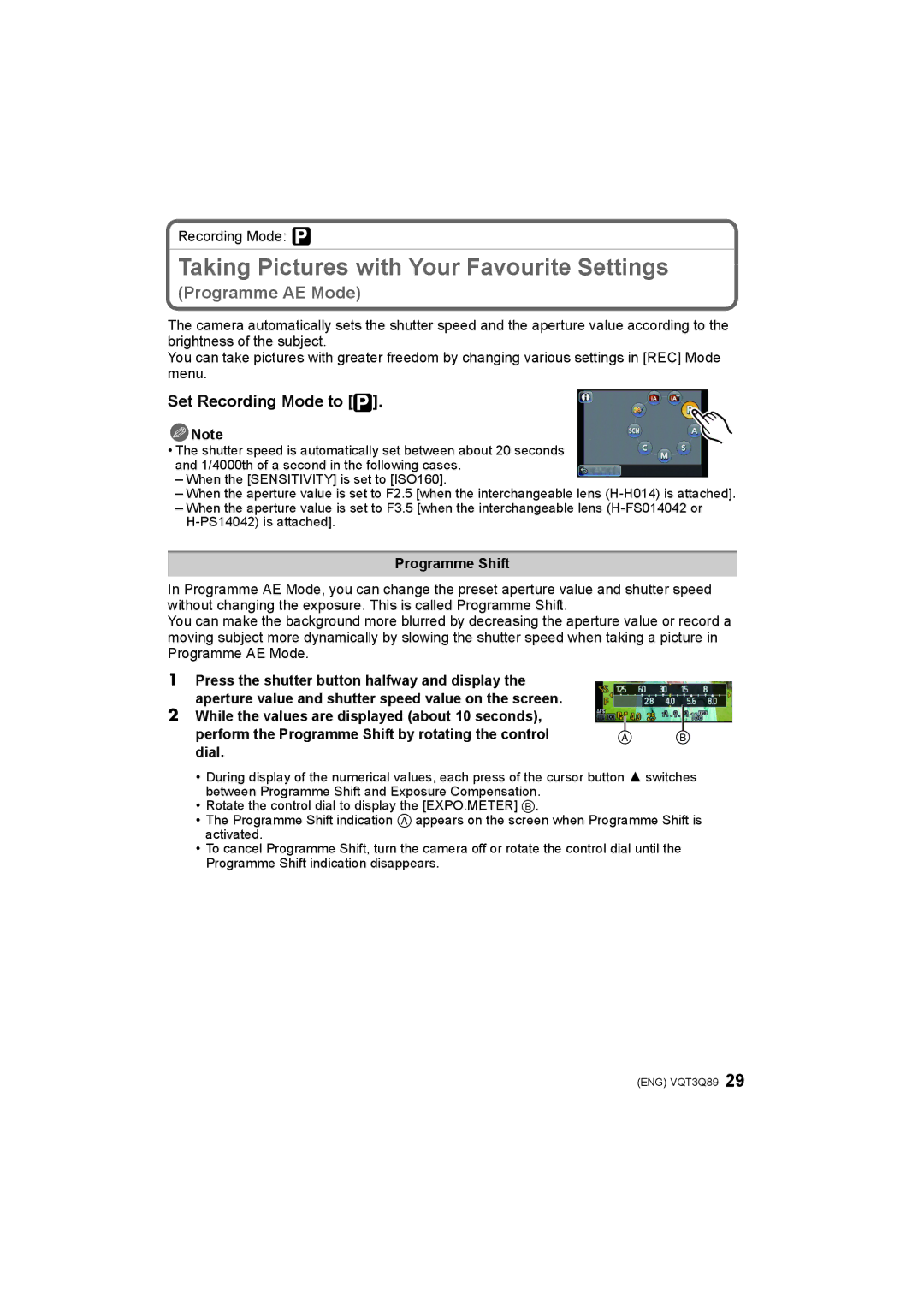 Panasonic DMC-GF3K, DMC-GF3W, DMC-GF3X, DMC-GF3C Taking Pictures with Your Favourite Settings, Programme Shift 