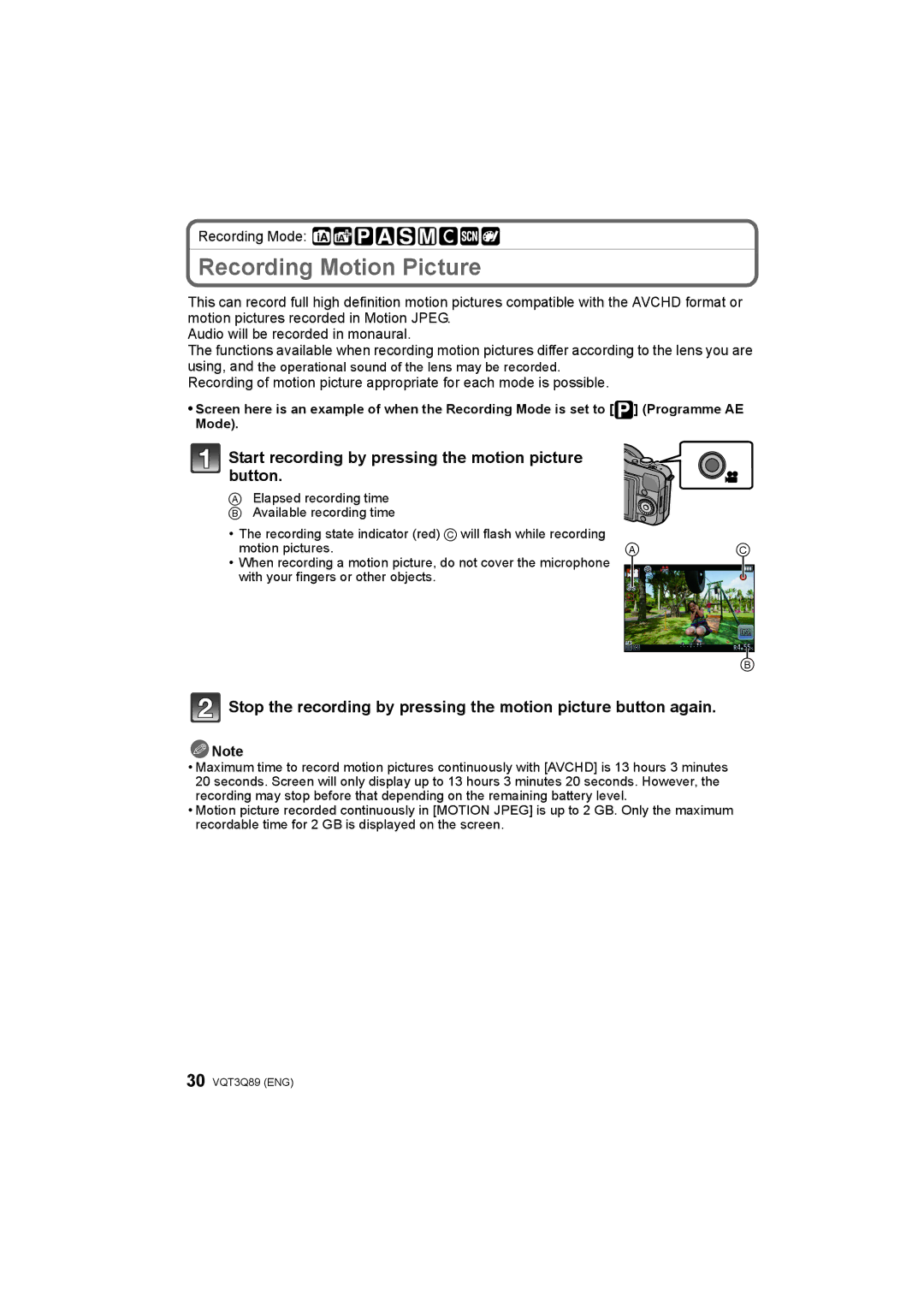 Panasonic DMC-GF3W, DMC-GF3X, DMC-GF3C Recording Motion Picture, Start recording by pressing the motion picture button 