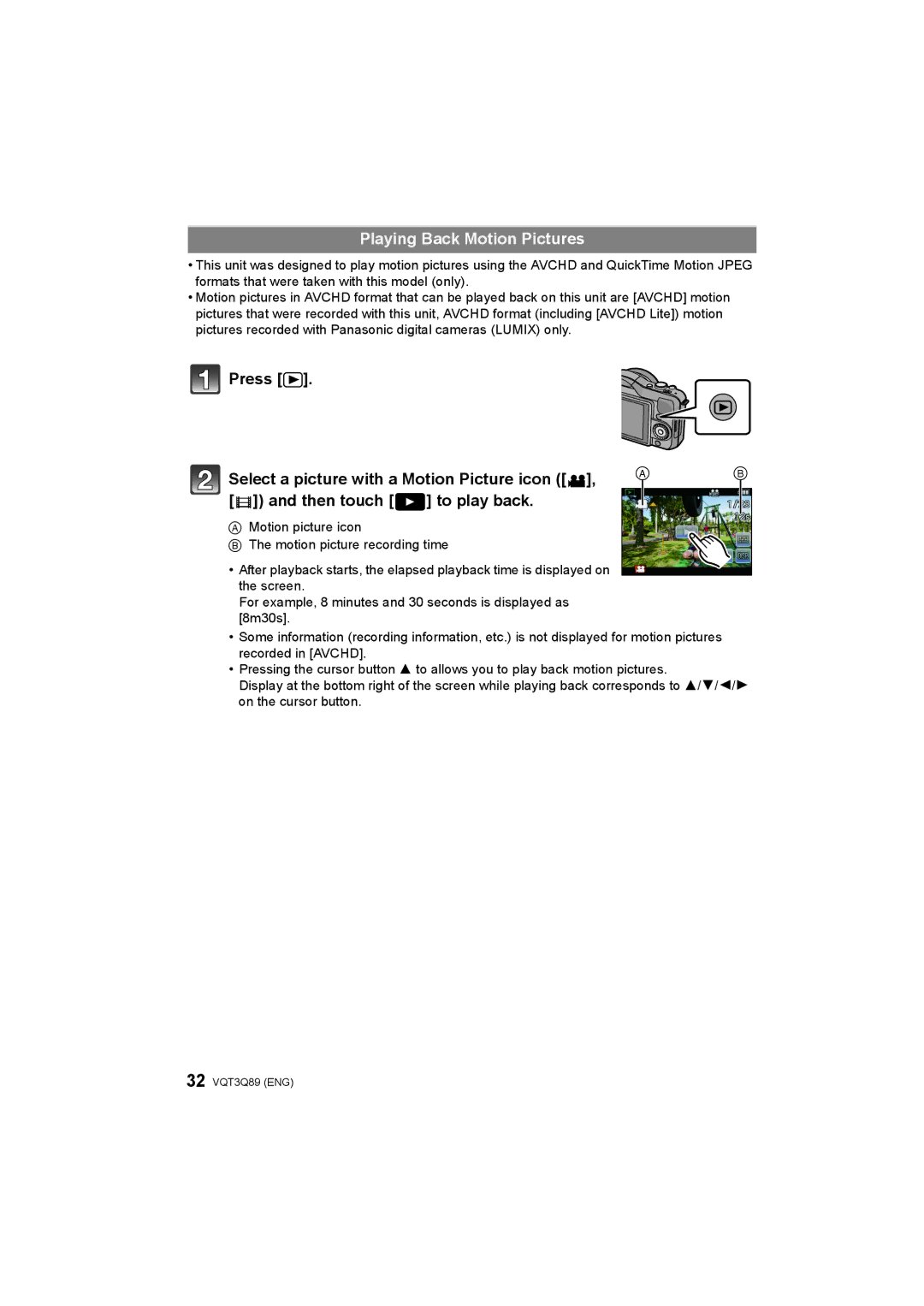 Panasonic DMC-GF3X, DMC-GF3W, DMC-GF3C, DMC-GF3K operating instructions Playing Back Motion Pictures 