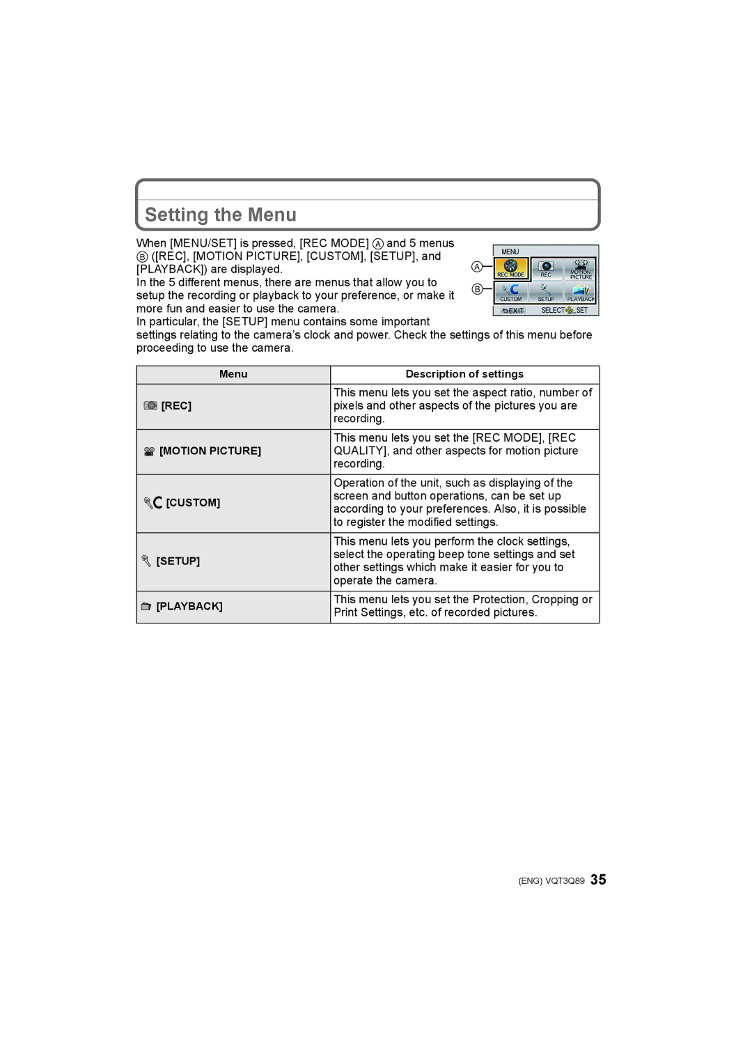 Panasonic DMC-GF3W, DMC-GF3X, DMC-GF3C, DMC-GF3K operating instructions Setting the Menu 