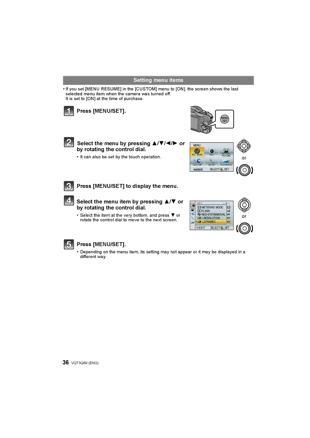 Panasonic DMC-GF3W, DMC-GF3X, DMC-GF3C, DMC-GF3K operating instructions Setting menu items, Press MENU/SET 