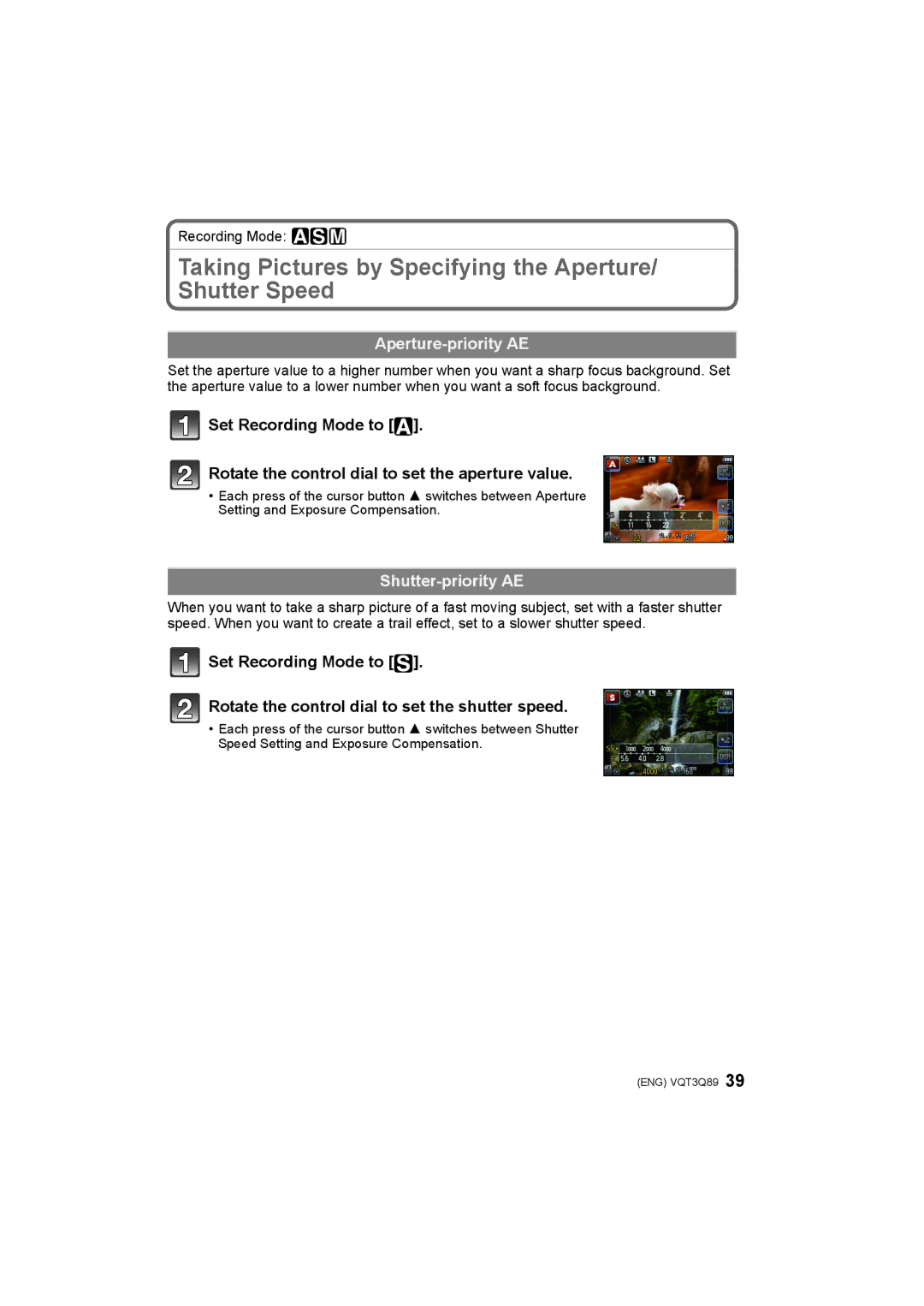 Panasonic DMC-GF3K Taking Pictures by Specifying the Aperture/ Shutter Speed, Aperture-priority AE, Shutter-priority AE 