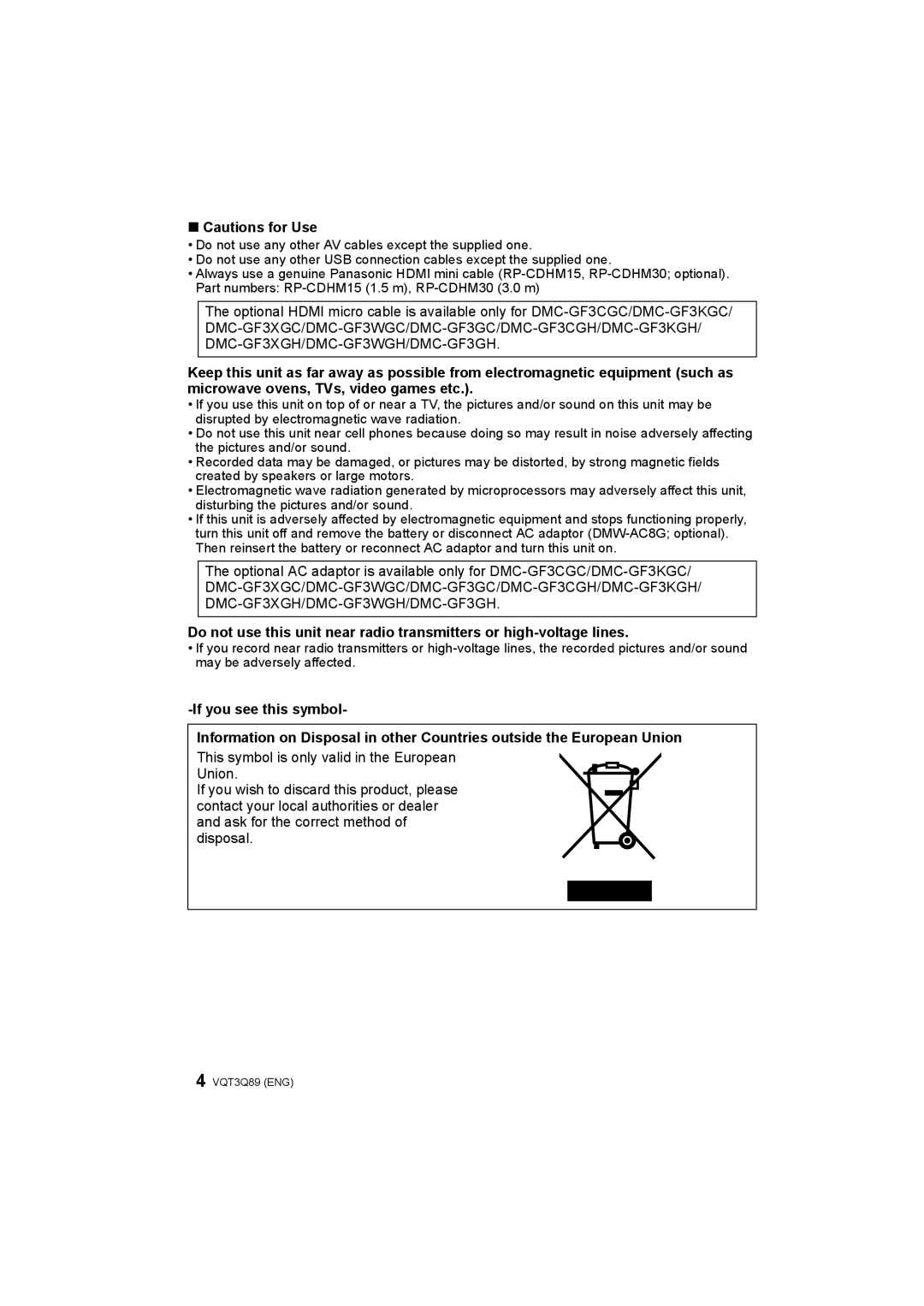 Panasonic DMC-GF3K, DMC-GF3W, DMC-GF3X, DMC-GF3C operating instructions VQT3Q89 ENG 