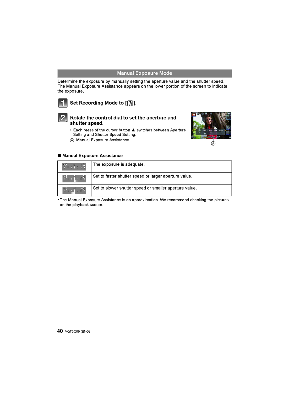 Panasonic DMC-GF3W, DMC-GF3X, DMC-GF3C, DMC-GF3K operating instructions Manual Exposure Mode, Manual Exposure Assistance 