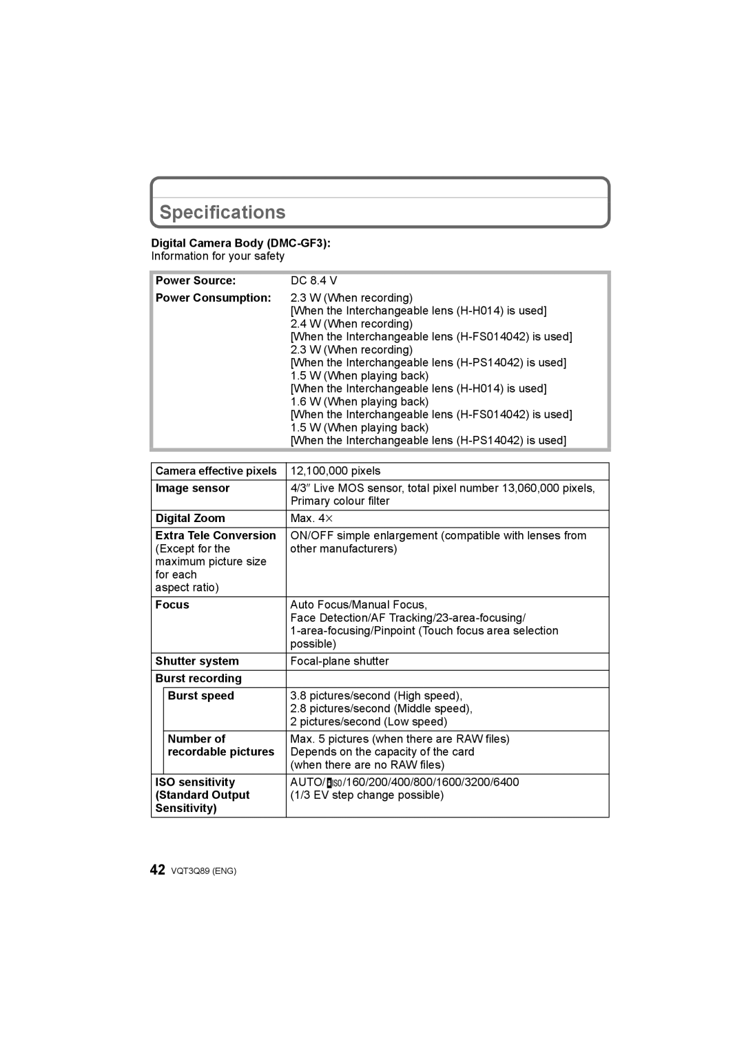 Panasonic DMC-GF3X, DMC-GF3W, DMC-GF3C, DMC-GF3K operating instructions Specifications 