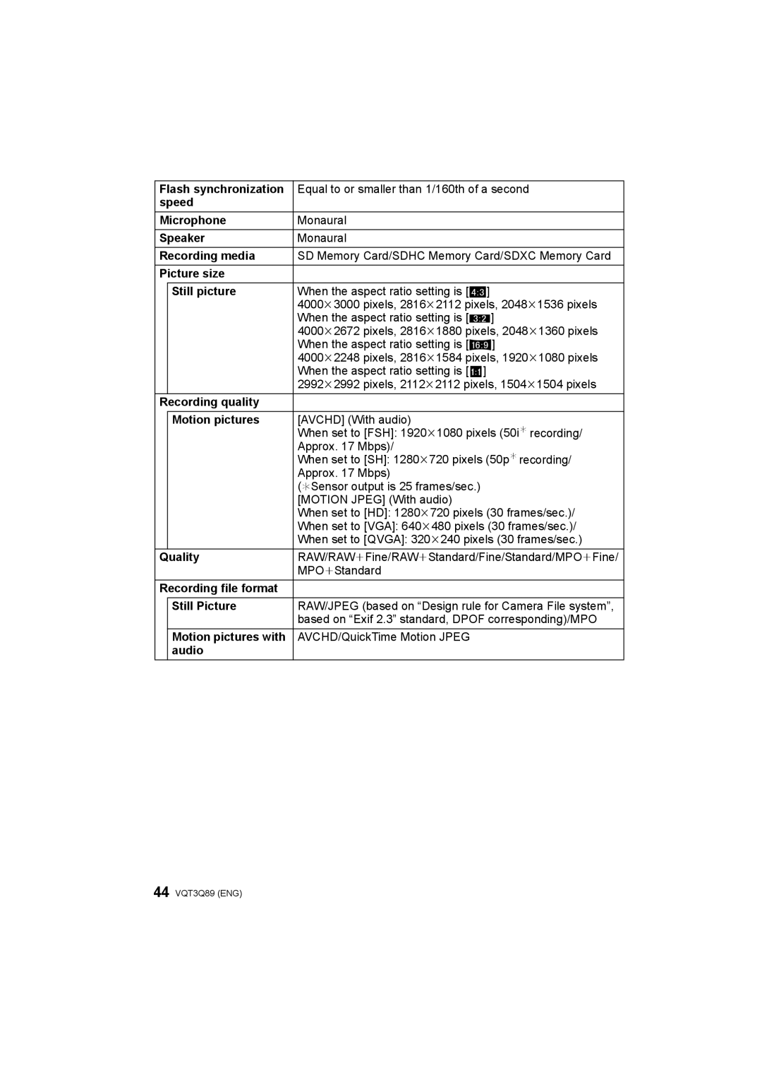 Panasonic DMC-GF3K Flash synchronization, Speed Microphone, Speaker, Recording media, Picture size Still picture, Quality 