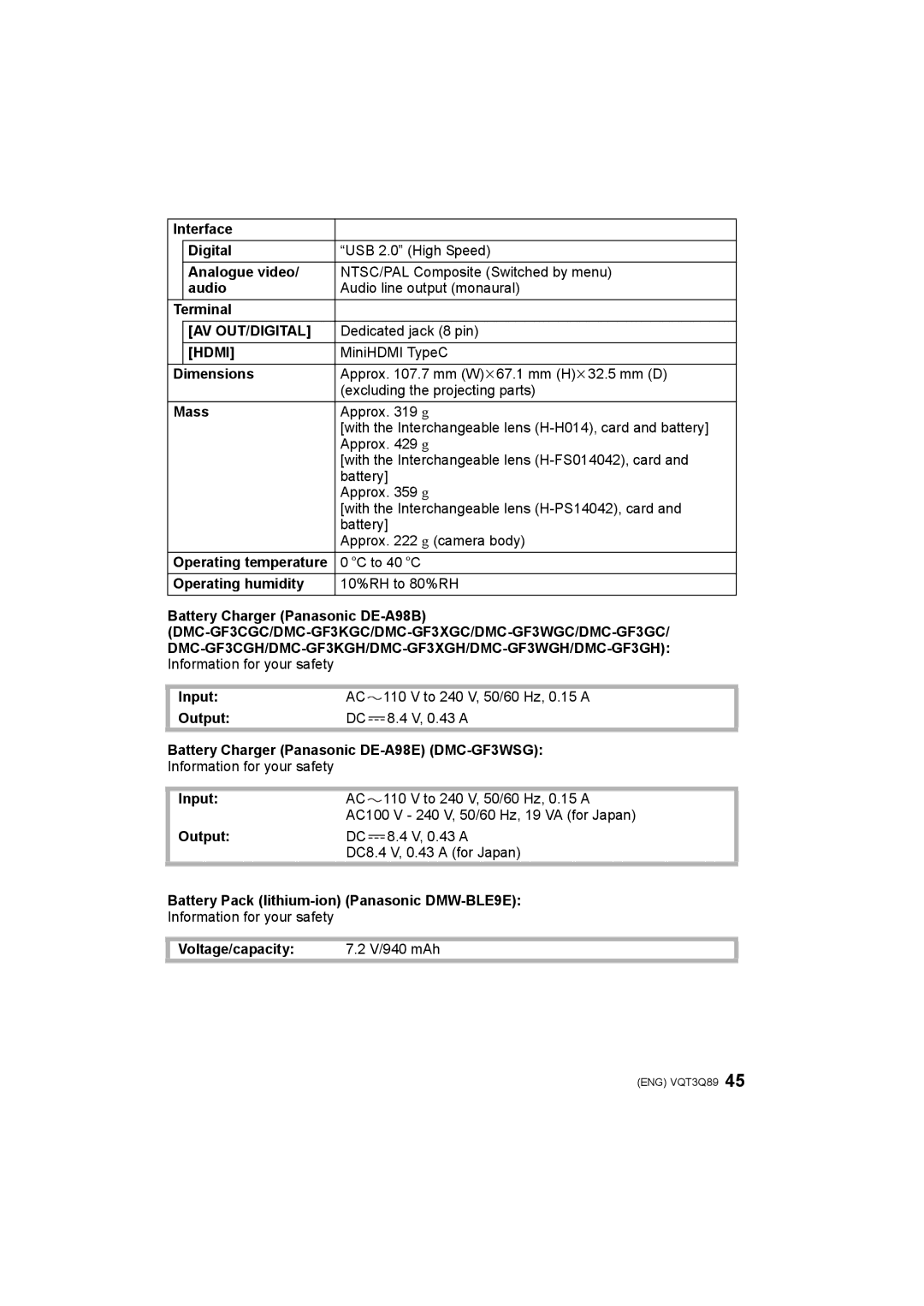Panasonic DMC-GF3W, DMC-GF3X, DMC-GF3C Interface Digital, Analogue video, Terminal, Dimensions, Mass, Operating humidity 