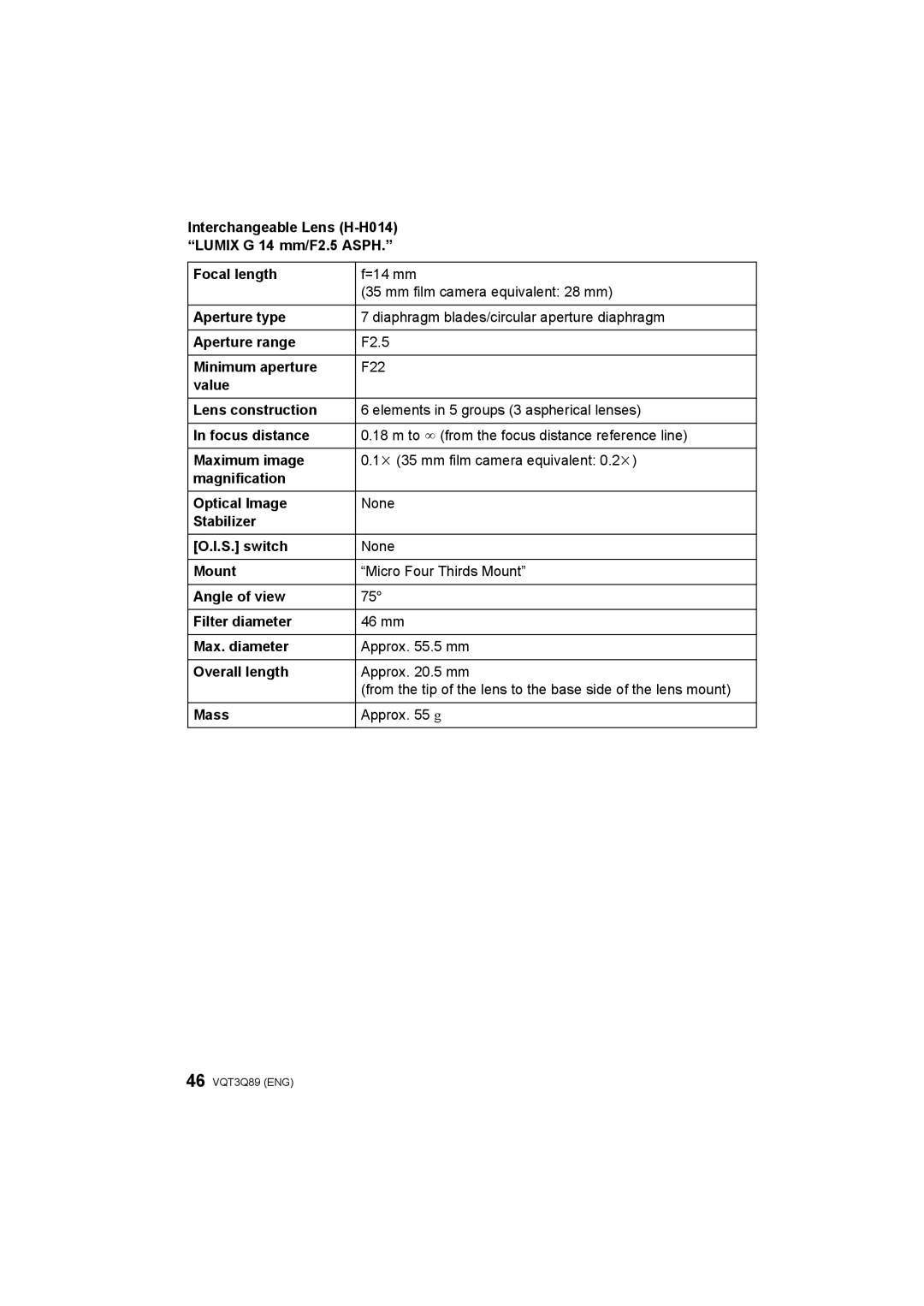 Panasonic DMC-GF3W, DMC-GF3X, DMC-GF3C, DMC-GF3K operating instructions Interchangeable Lens H-H014 Lumix G 14 mm/F2.5 Asph 