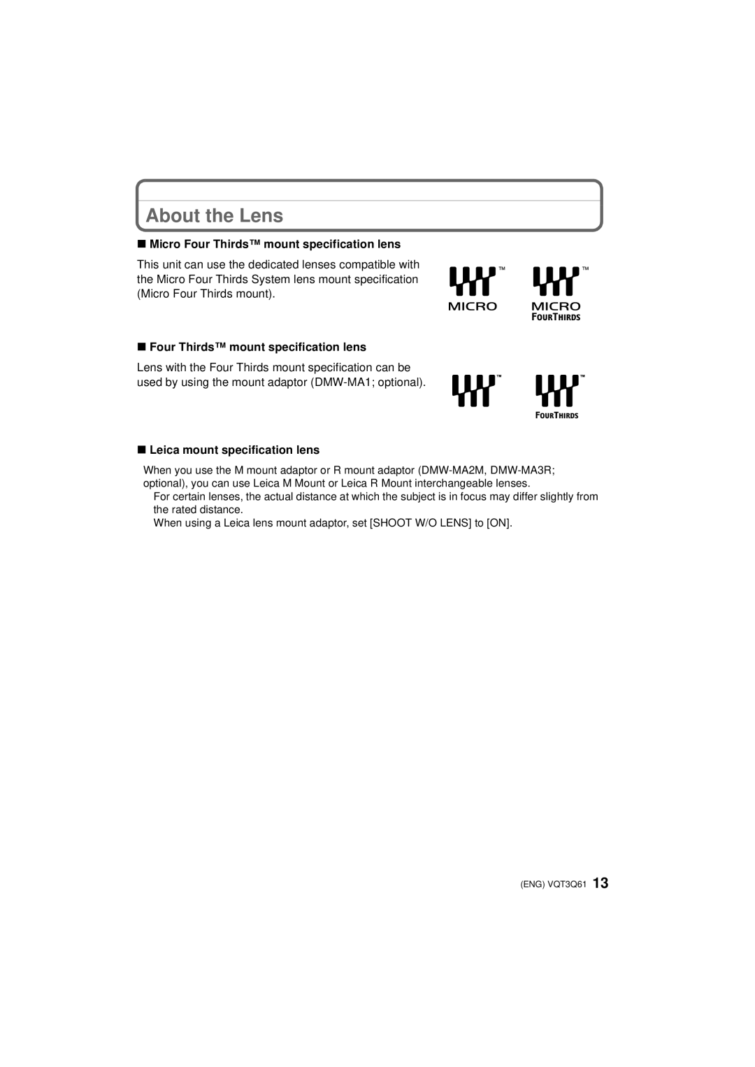 Panasonic DMC-GF3C, DMC-GF3XK About the Lens, Micro Four Thirds mount specification lens, Leica mount specification lens 