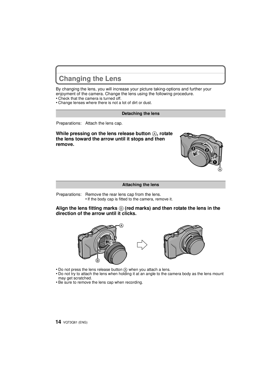 Panasonic DMC-GF3K, DMC-GF3XK Changing the Lens, Detaching the lens, Preparations Attach the lens cap, Attaching the lens 