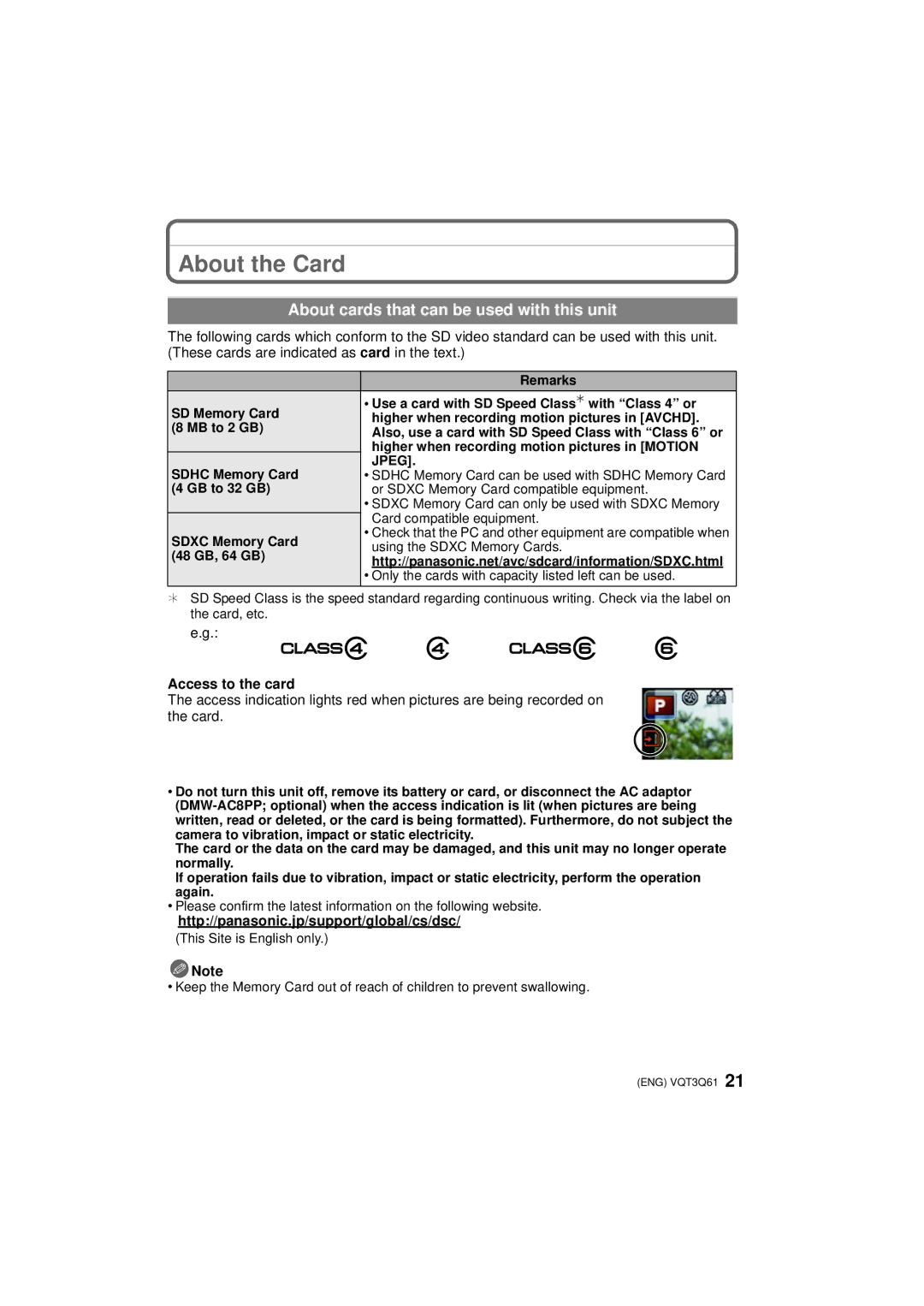 Panasonic DMC-GF3XK, DMC-GF3XT, DMC-GF3C About the Card, About cards that can be used with this unit, Access to the card 