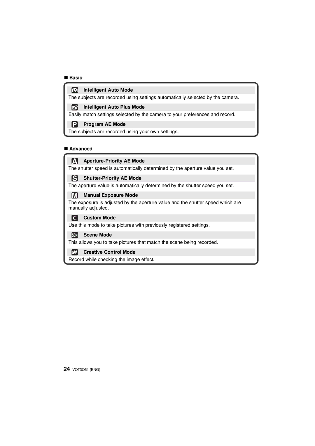 Panasonic DMC-GF3K Basic Intelligent Auto Mode, Intelligent Auto Plus Mode, Program AE Mode, Shutter-Priority AE Mode 