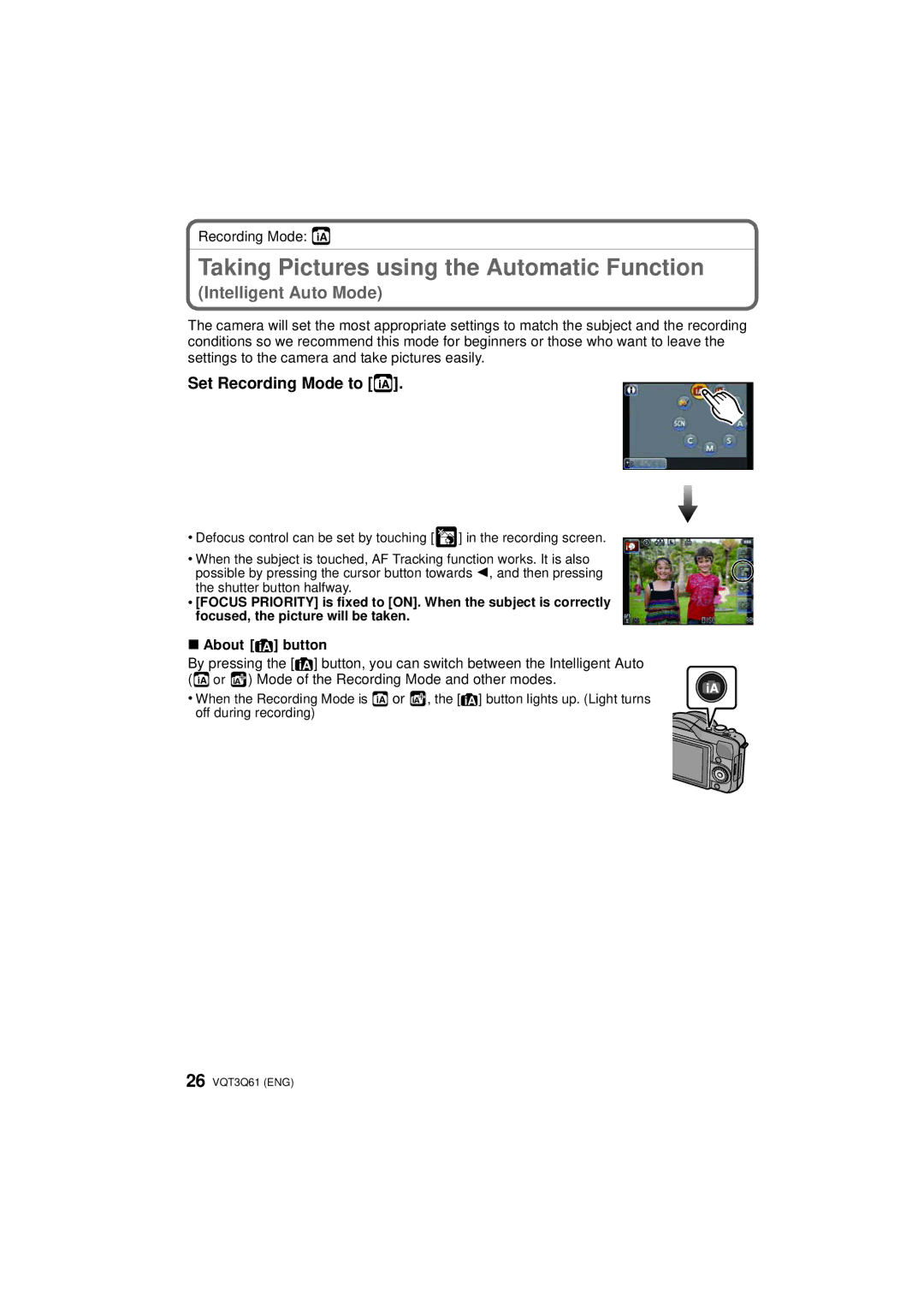 Panasonic DMCGF3XK Taking Pictures using the Automatic Function, Set Recording Mode to, Recording Mode ñ, About button 