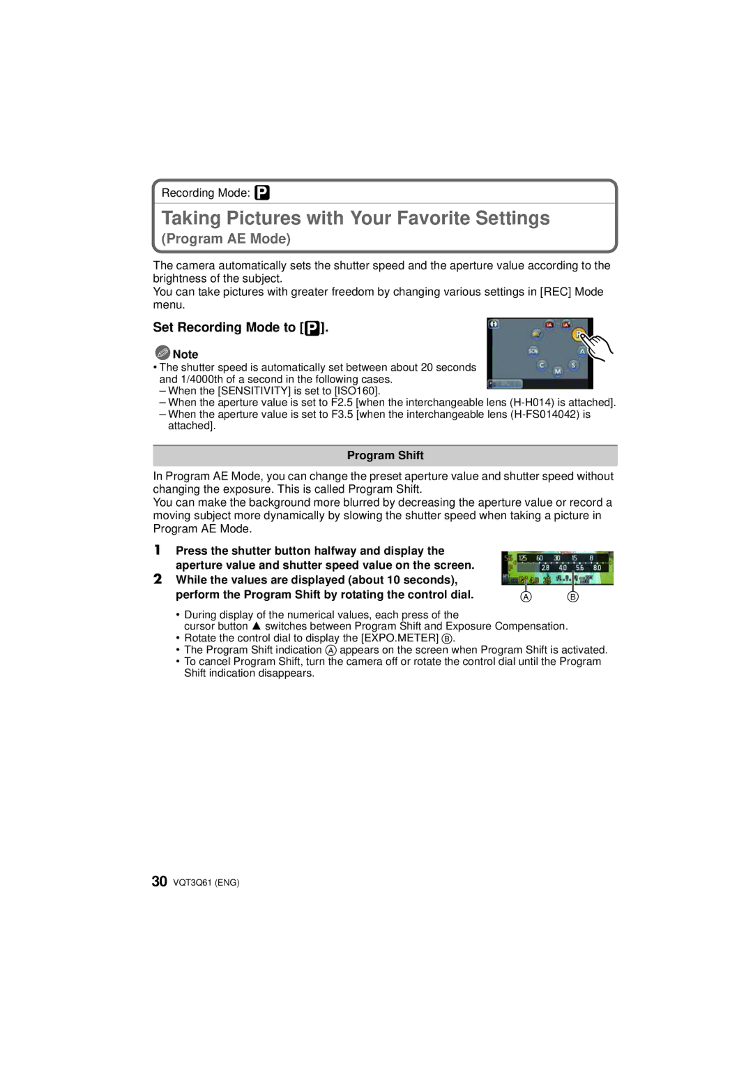 Panasonic DMC-GF3XK, DMC-GF3XT, DMC-GF3C, DMC-GF3K, DMCGF3XR Taking Pictures with Your Favorite Settings, Program Shift 