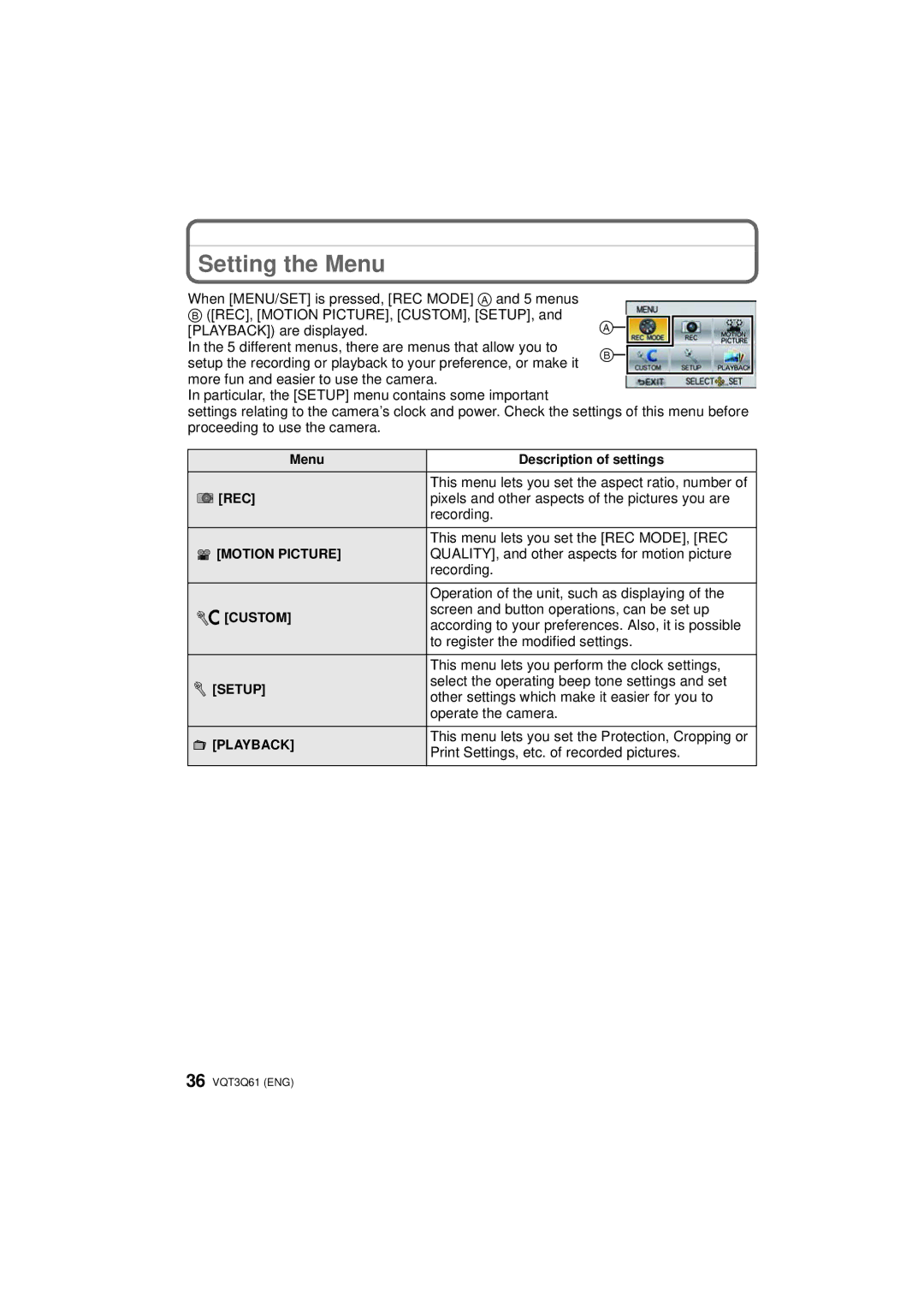 Panasonic DMCGF3XK, DMC-GF3XK, DMC-GF3XT, DMC-GF3C, DMC-GF3K, DMCGF3XR, DMCGF3XW, DMCGF3KK, DMCGF3XT Setting the Menu 