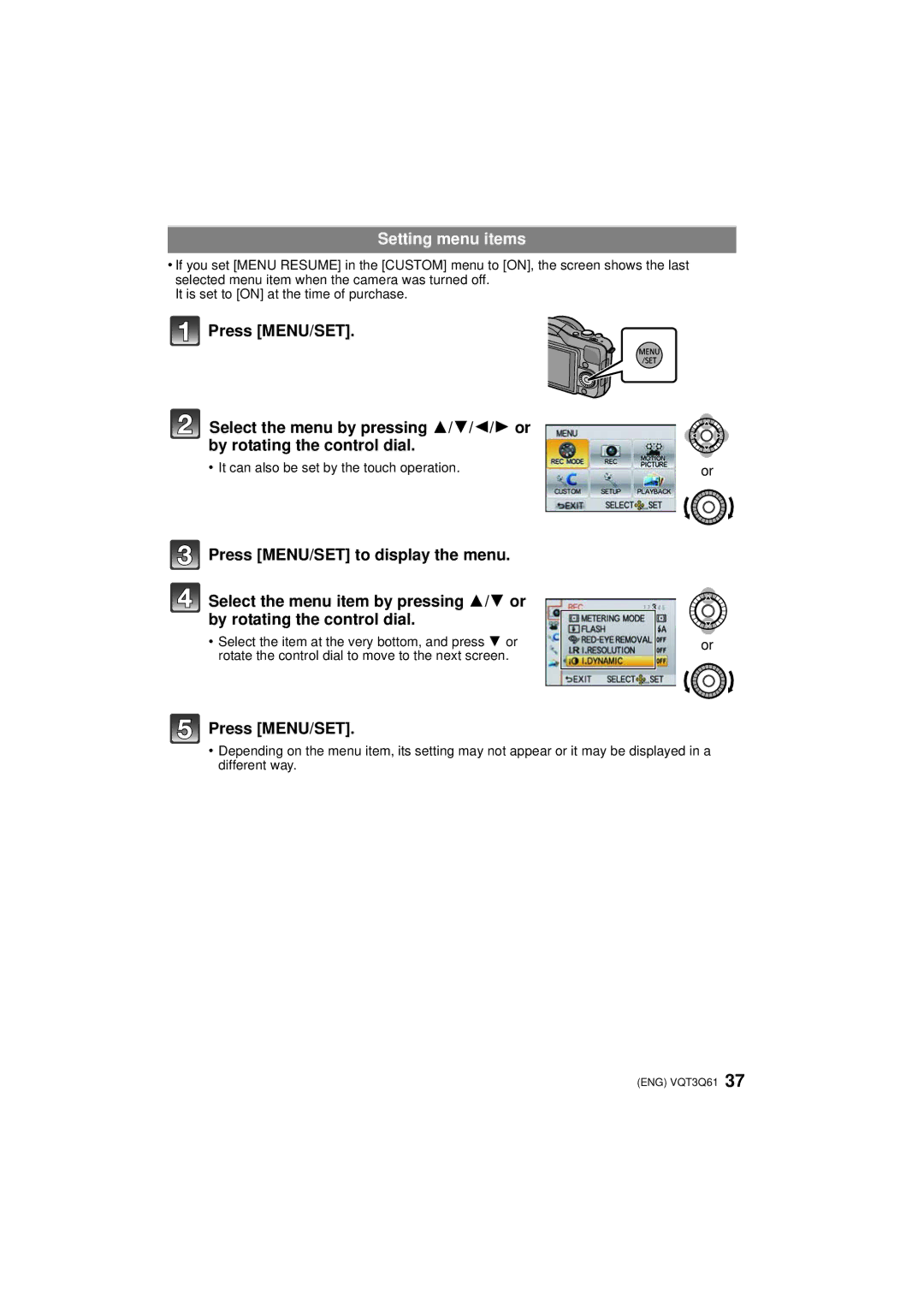 Panasonic DMCGF3XW, DMC-GF3XK, DMC-GF3XT, DMC-GF3C, DMC-GF3K, DMCGF3XR, DMCGF3XK, DMCGF3KK Setting menu items, Press MENU/SET 