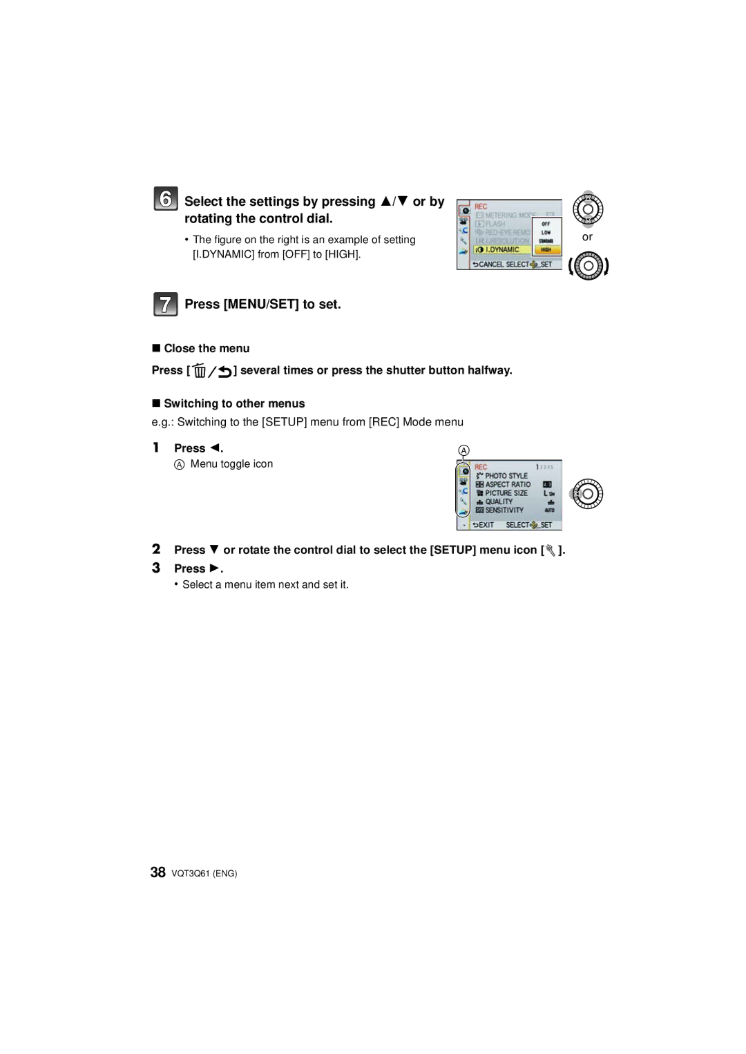 Panasonic DMCGF3KK, DMC-GF3XK, DMC-GF3XT, DMC-GF3C Press MENU/SET to set, Switching to the Setup menu from REC Mode menu 