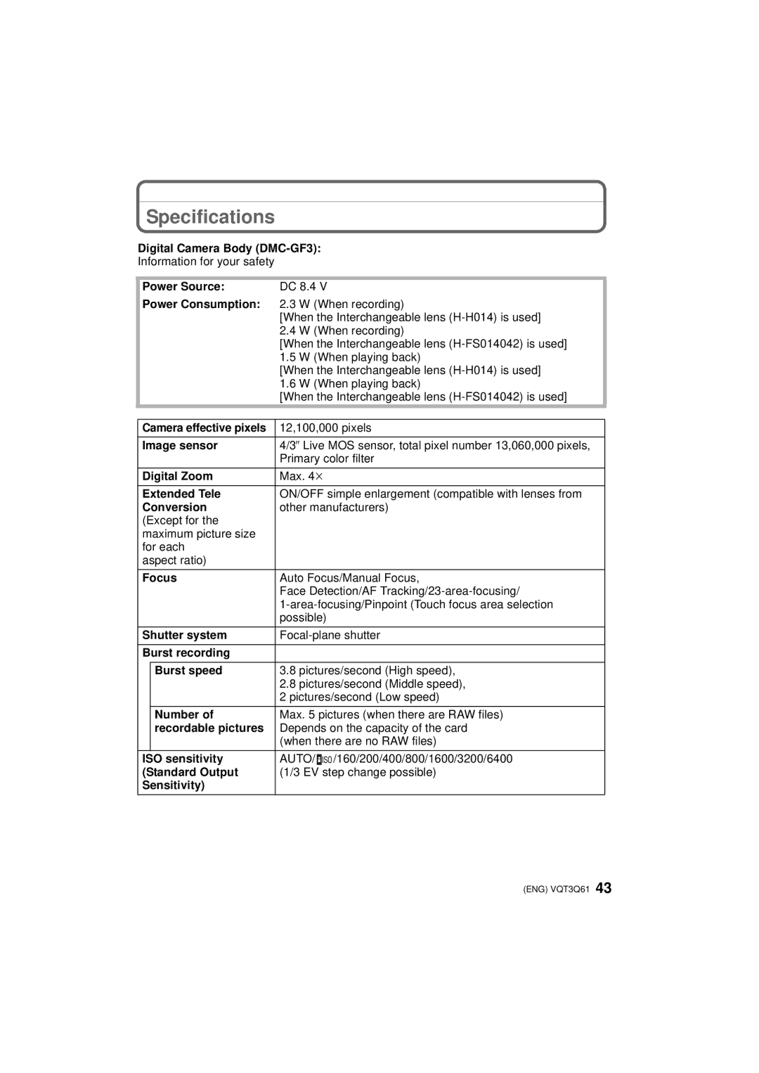 Panasonic DMC-GF3C, DMC-GF3XK, DMC-GF3XT, DMC-GF3K, DMCGF3XR, DMCGF3XK, DMCGF3XW, DMCGF3KK, DMCGF3XT owner manual Specifications 