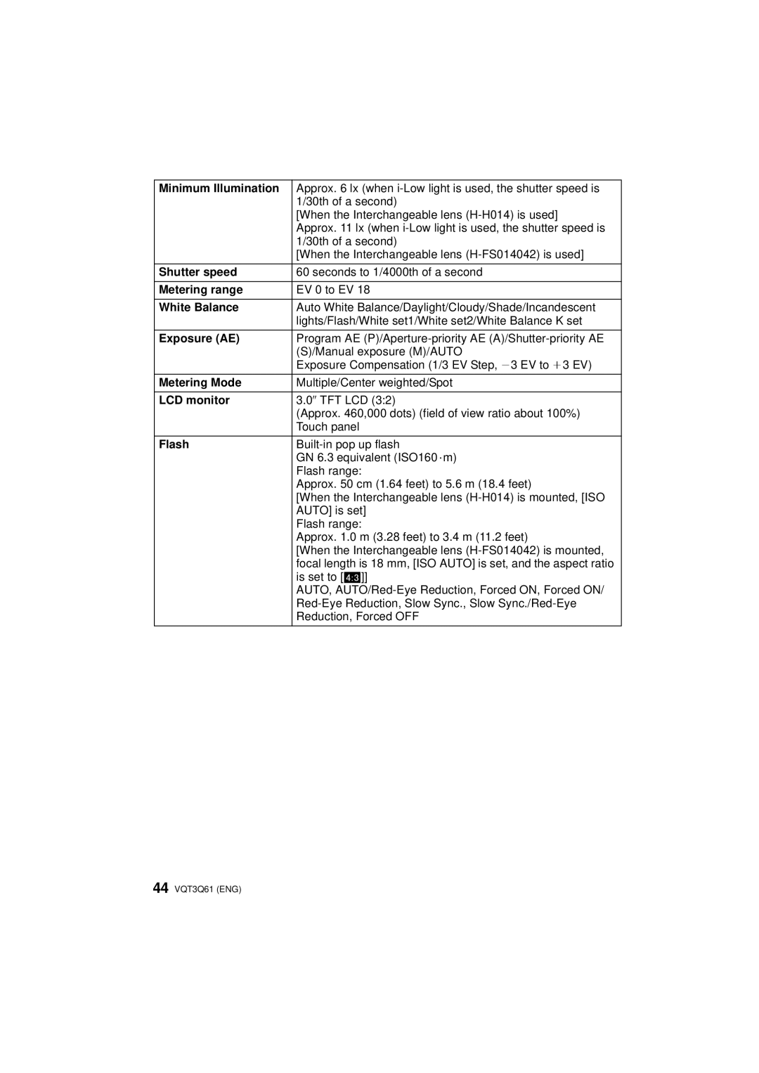 Panasonic DMC-GF3K Minimum Illumination, Shutter speed, Metering range, White Balance, Exposure AE, Metering Mode, Flash 