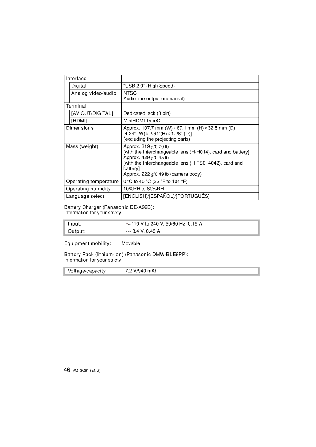 Panasonic DMCGF3XK Interface Digital, Analog video/audio, Terminal, Dimensions, Mass weight, Operating humidity, Input 