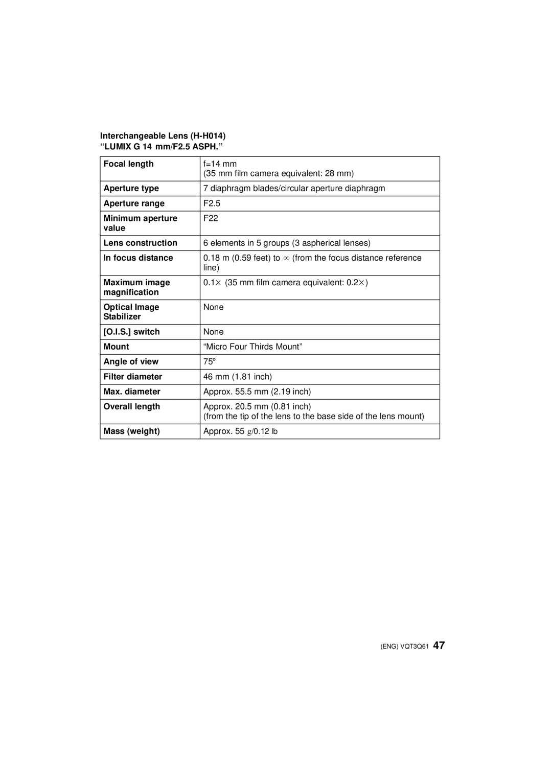 Panasonic DMCGF3XW, DMC-GF3XK, DMC-GF3XT, DMC-GF3C, DMC-GF3K, DMCGF3XR Interchangeable Lens H-H014 Lumix G 14 mm/F2.5 Asph 