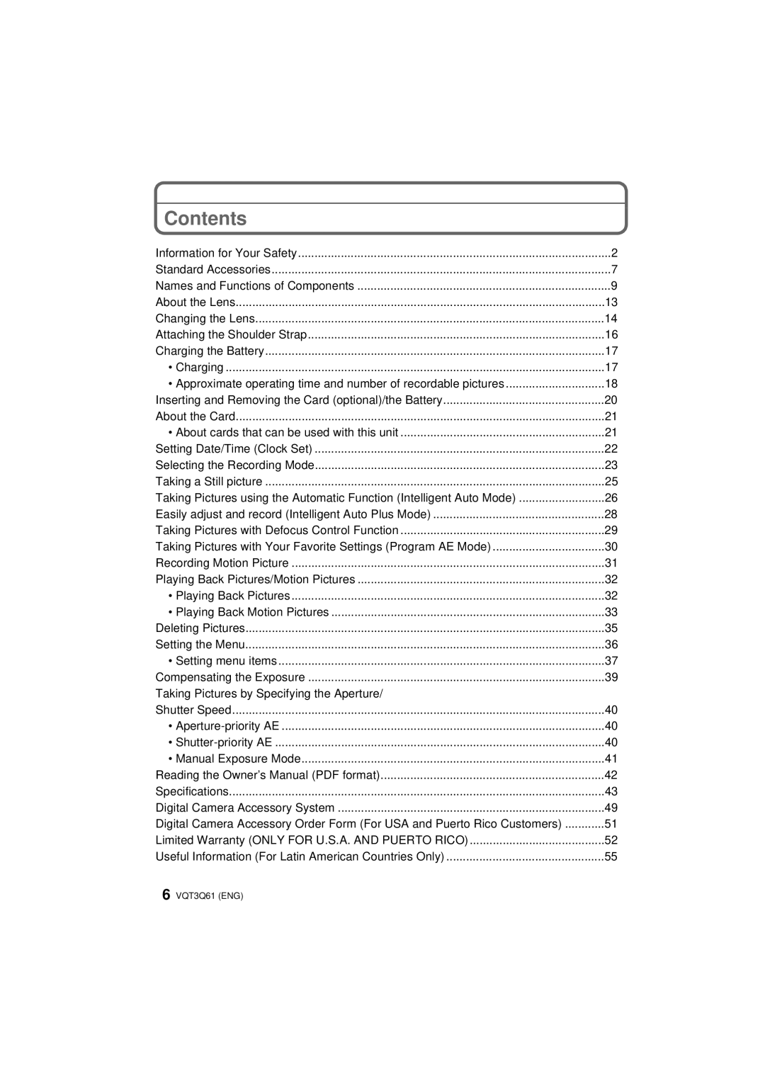 Panasonic DMCGF3XK, DMC-GF3XK, DMC-GF3XT, DMC-GF3C, DMC-GF3K, DMCGF3XR, DMCGF3XW, DMCGF3KK, DMCGF3XT owner manual Contents 