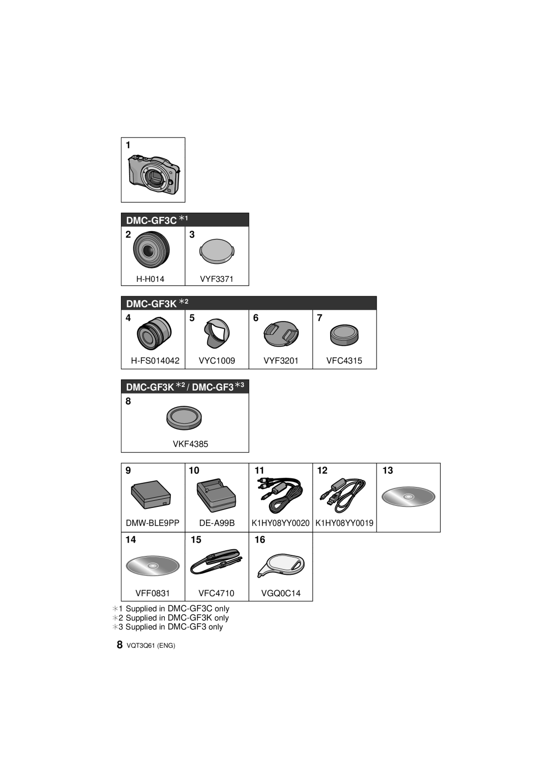 Panasonic DMCGF3KK, DMC-GF3XK DMC-GF3K 2 / DMC-GF3 3, 141516, FS014042 VYC1009 VYF3201 VFC4315, VFF0831 VFC4710 VGQ0C14 