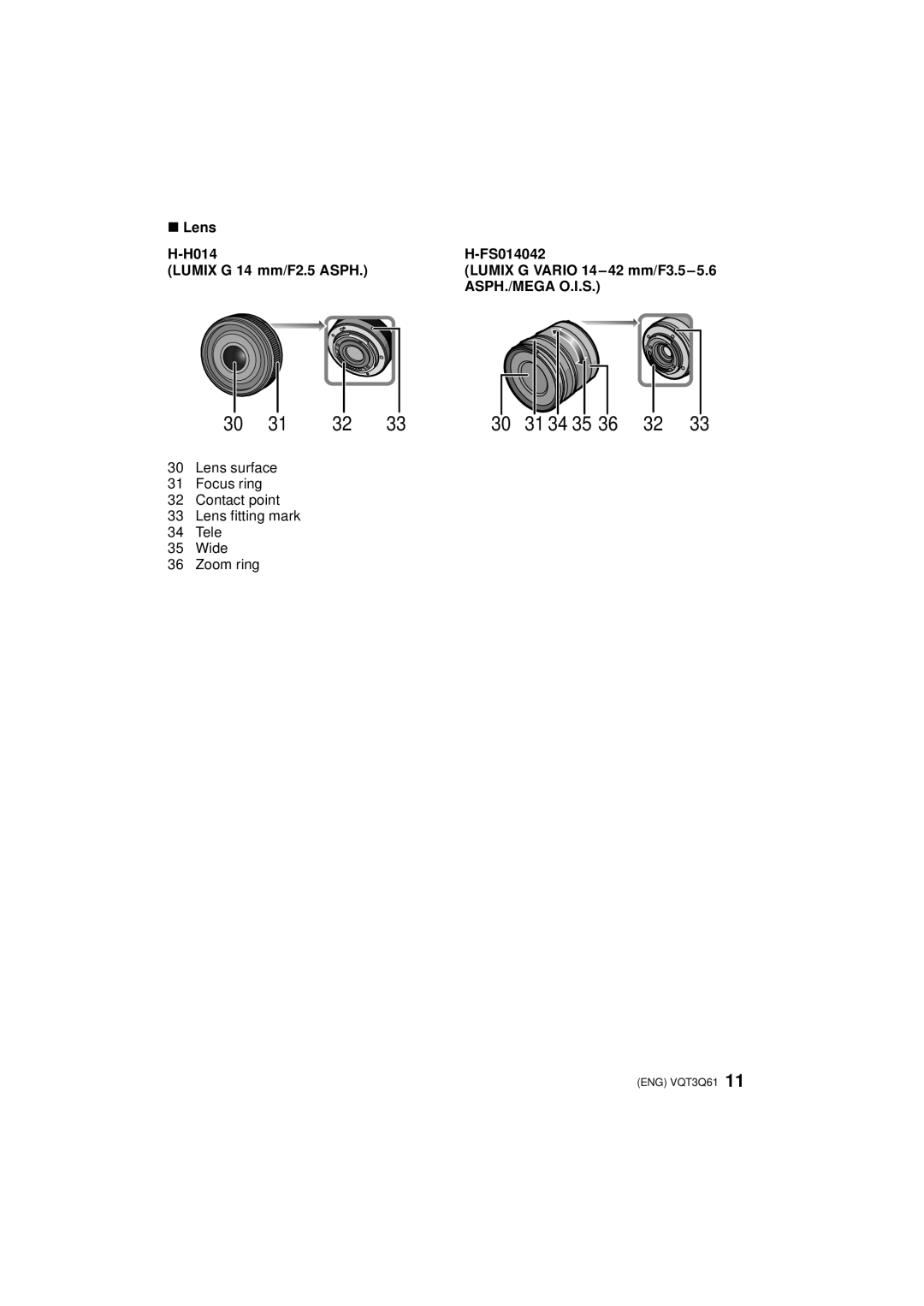 Panasonic DMC-GF3XK, DMC-GF3XT, DMC-GF3C 31 34 35, ∫ Lens, H-H014, H-FS014042, LUMIX G 14 mm/F2.5 ASPH, Asph./Mega O.I.S 