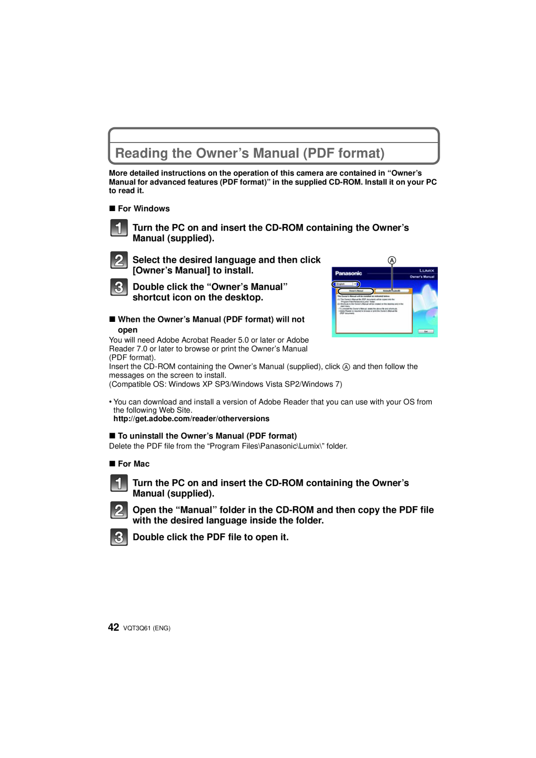 Panasonic DMC-GF3XT Reading the Owner’s Manual PDF format, Double click the “Owner’s Manual” shortcut icon on the desktop 