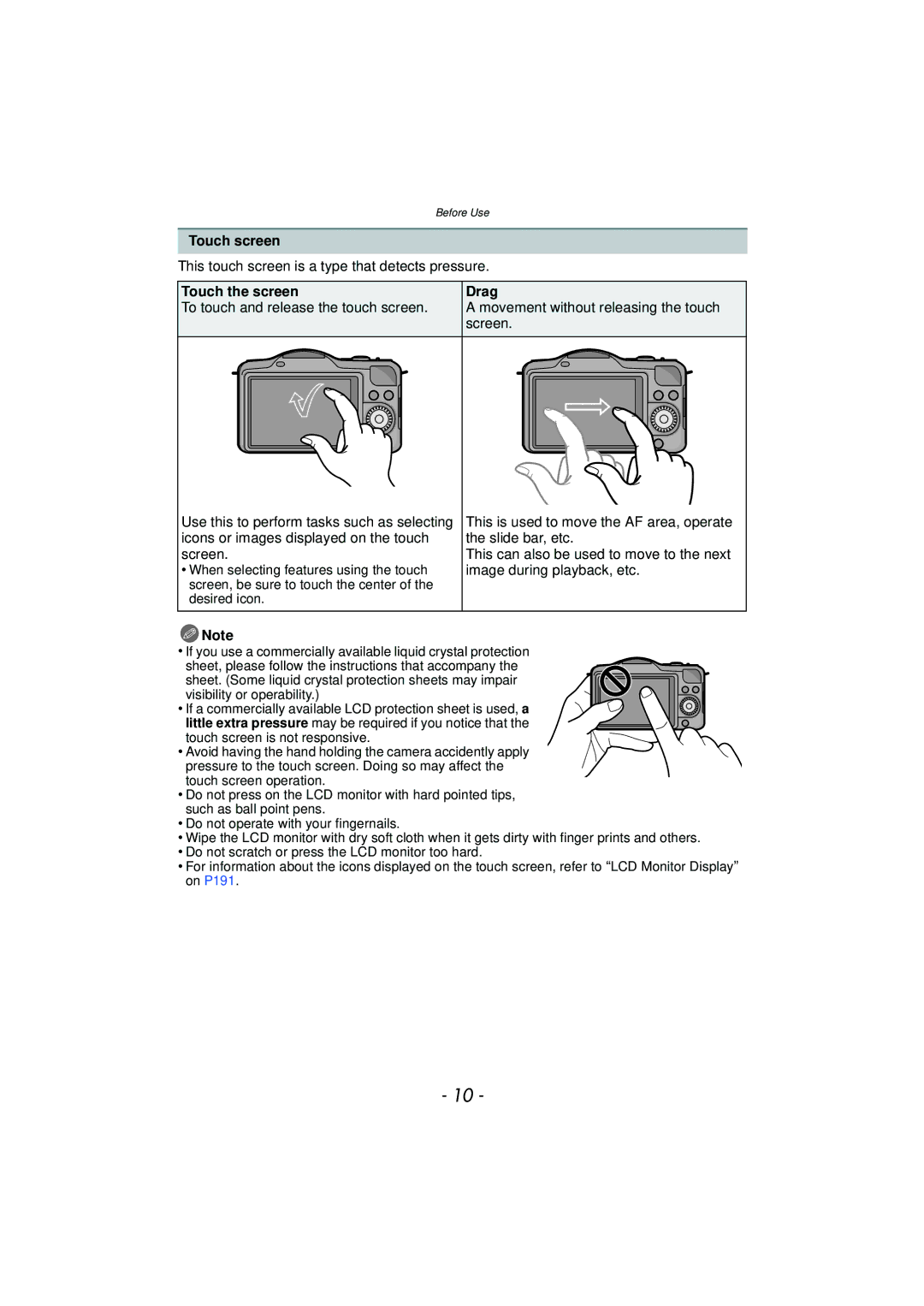 Panasonic DMC-GF5 owner manual Touch screen, This touch screen is a type that detects pressure, Touch the screen, Drag 