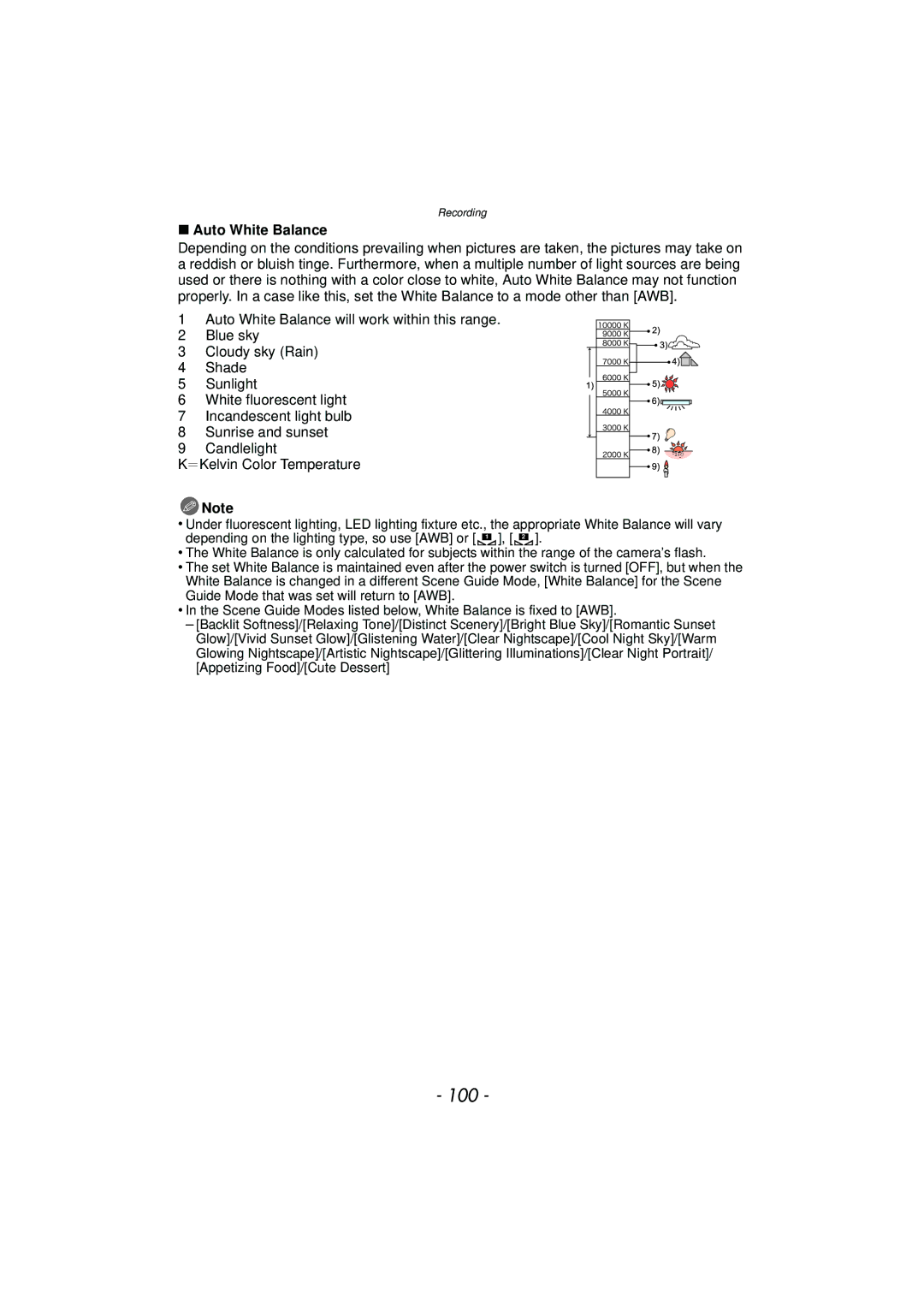 Panasonic DMC-GF5 owner manual 100, Auto White Balance 