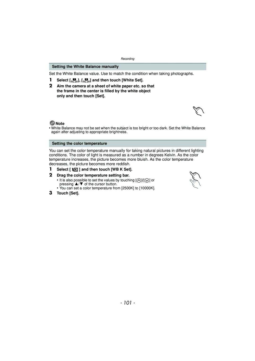 Panasonic DMC-GF5 owner manual 101, Setting the White Balance manually, Setting the color temperature 