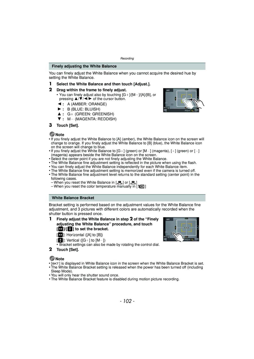 Panasonic DMC-GF5 owner manual 102, Finely adjusting the White Balance, White Balance Bracket, To set the bracket 