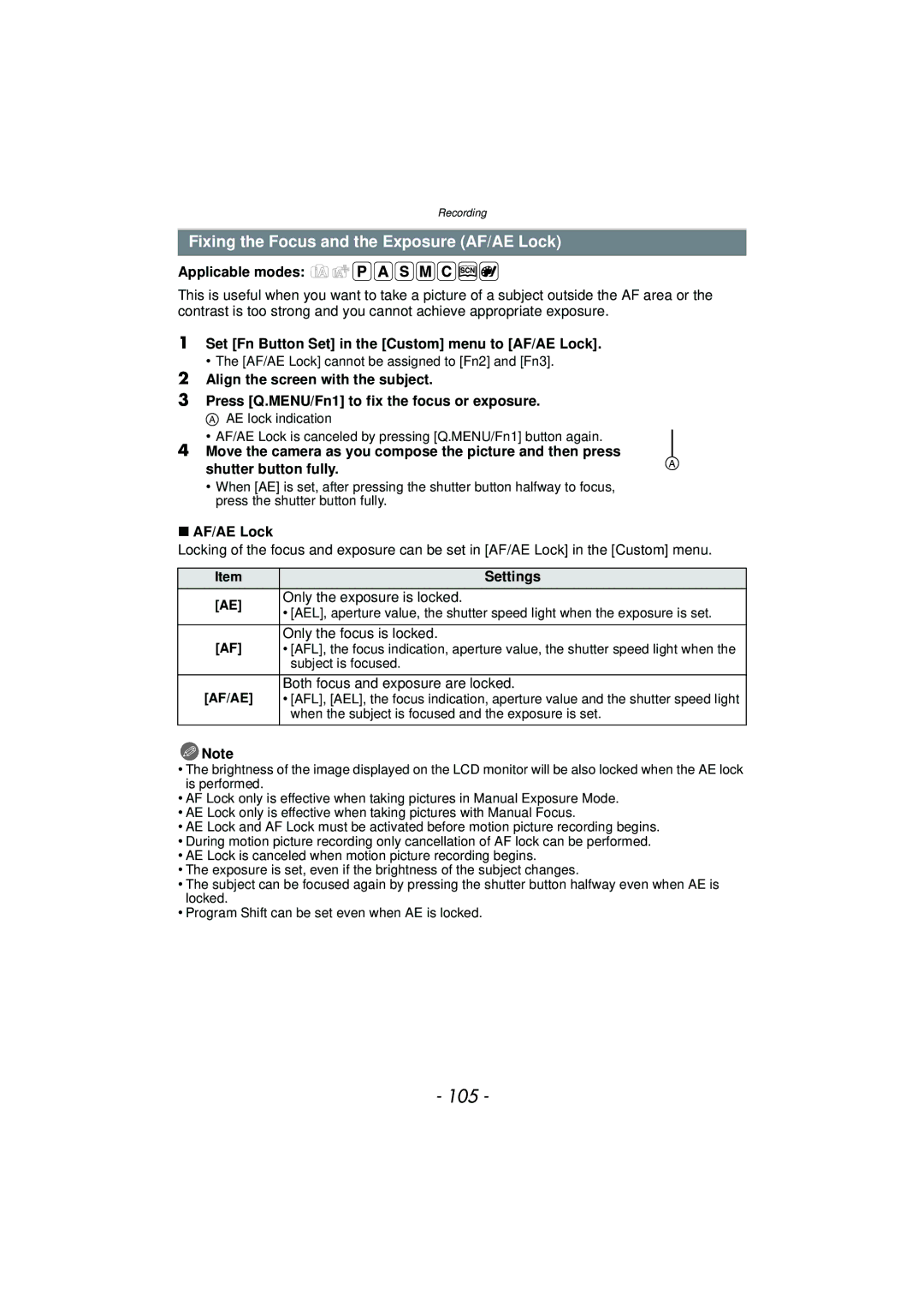 Panasonic DMC-GF5 105, Fixing the Focus and the Exposure AF/AE Lock, Set Fn Button Set in the Custom menu to AF/AE Lock 